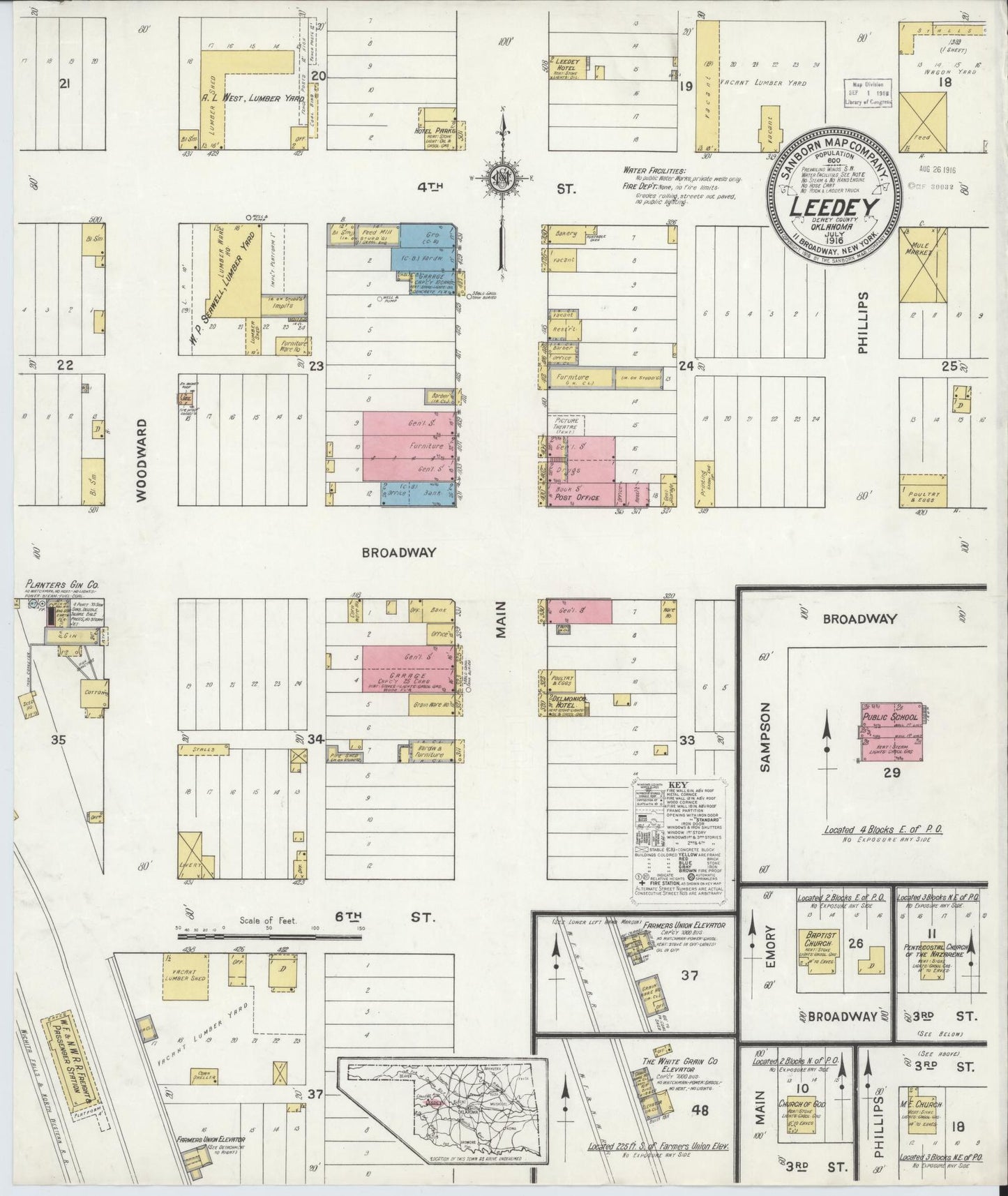 Sanborn Fire Insurance Map from Leedey, Dewey County, Oklahoma (1916), Sheet #0001 - Historic Sanborn Fire Insurance Map Print, vintage old map wall art, antique decor, genealogy gift, Oklahoma Oklahoma map