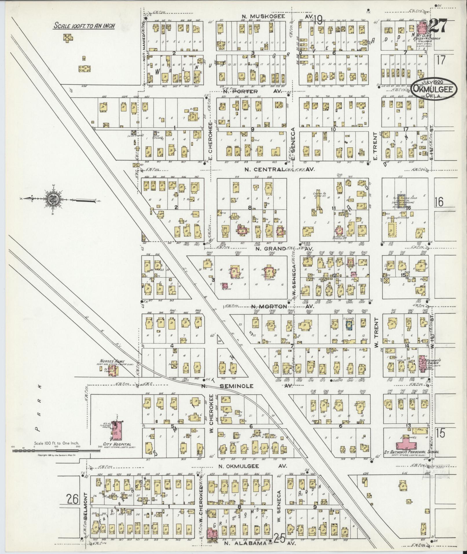 Sanborn Fire Insurance Map from Okmulgee, Okmulgee County, Oklahoma (1920), Sheet #0027 - Complete Map Set gallery image, historic Sanborn map, vintage wall art, Oklahoma Oklahoma