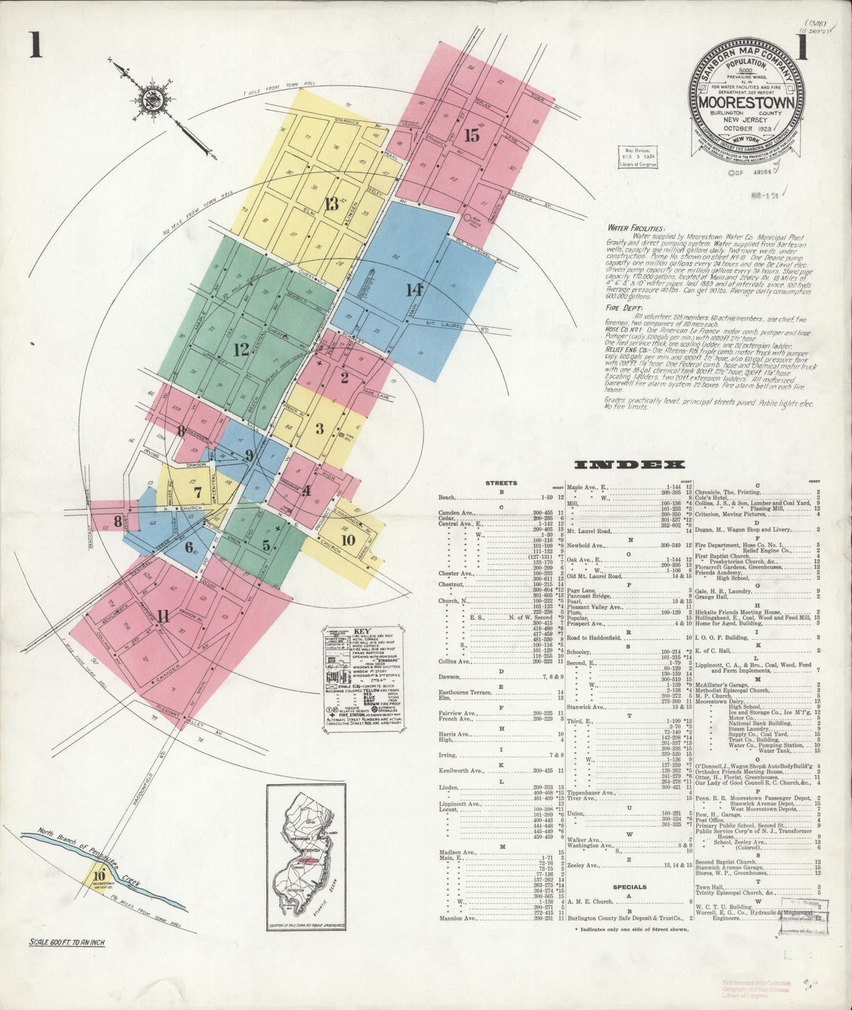 Sanborn Fire Insurance Map from Moorestown, Burlington County, New Jersey (1923), Sheet #0001 - Historic Sanborn Fire Insurance Map Print, vintage old map wall art, antique decor, genealogy gift, New Jersey New Jersey map