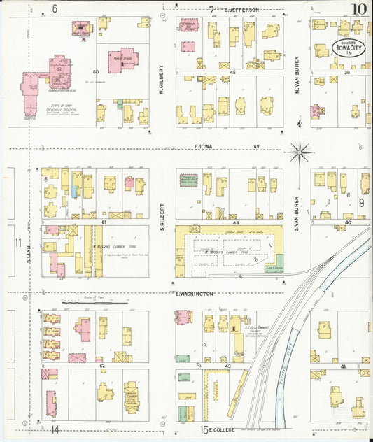 Sanborn Fire Insurance Map from Iowa City, Johnson County, Iowa (1899), Sheet #0010 - Historic Sanborn Fire Insurance Map Print, vintage old map wall art