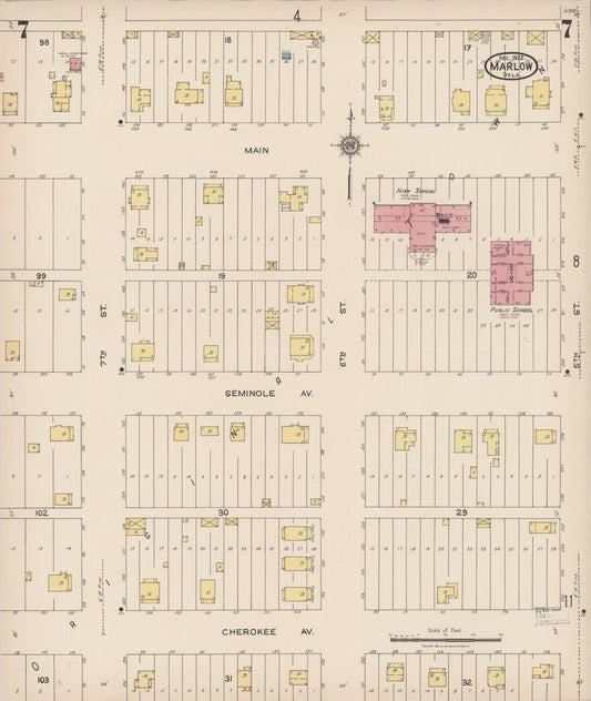 Sanborn Fire Insurance Map from Marlow, Stephens County, Oklahoma (1922), Sheet #0007 - Historic Sanborn Fire Insurance Map Print, vintage old map wall art, antique decor, genealogy gift, Oklahoma Oklahoma map
