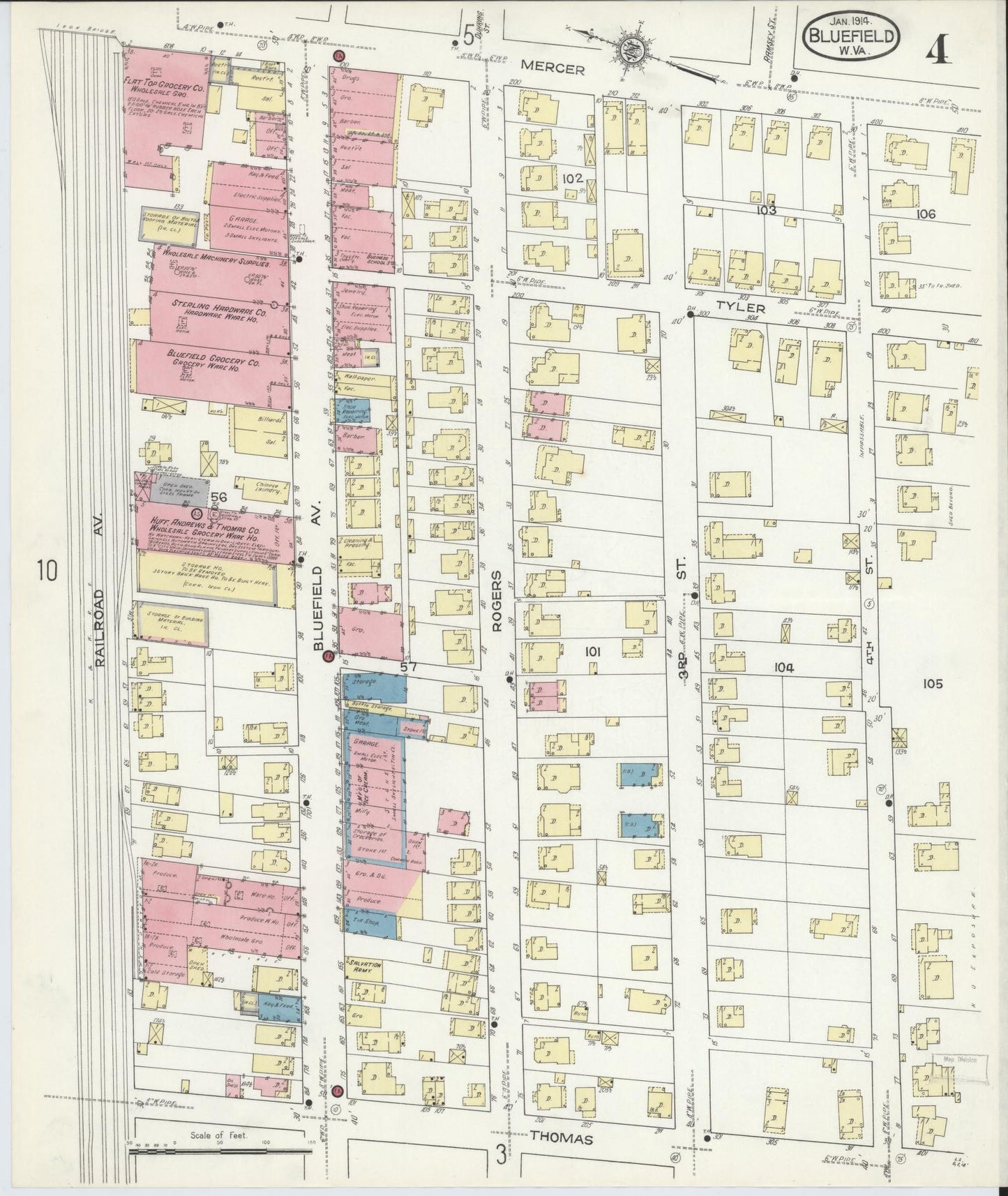Sanborn Fire Insurance Map from Bluefield, Mercer County, West Virginia (1914), Sheet #0004 - Historic Sanborn Fire Insurance Map Print, vintage old map wall art, antique decor, genealogy gift, West Virginia West Virginia map