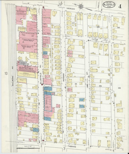 Sanborn Fire Insurance Map from Bluefield, Mercer County, West Virginia (1914), Sheet #0004 - Historic Sanborn Fire Insurance Map Print, vintage old map wall art, antique decor, genealogy gift, West Virginia West Virginia map