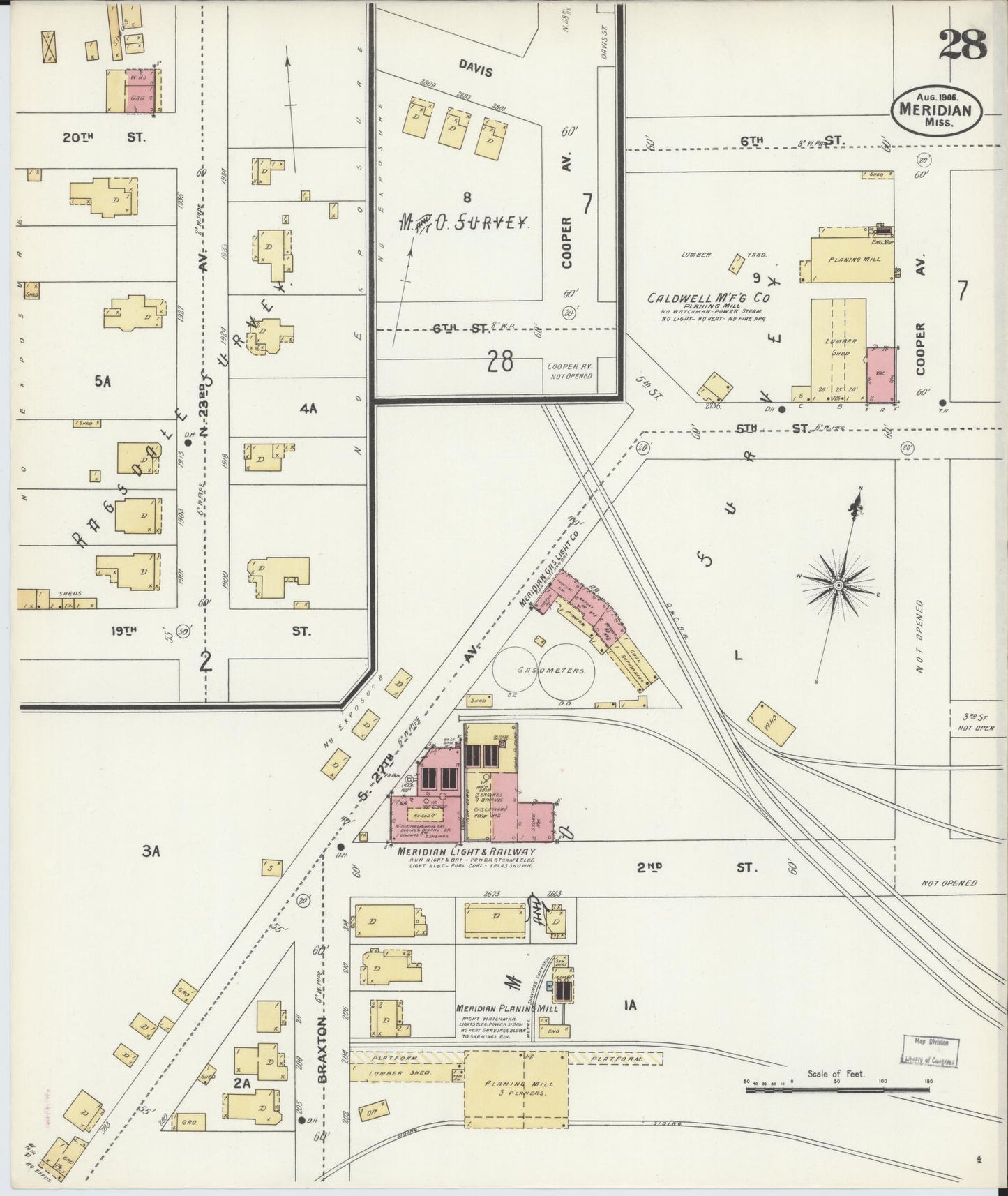 Sanborn Fire Insurance Map from Meridian, Lauderdale County, Mississippi (1906), Sheet #0028 - Complete Map Set gallery image, historic Sanborn map, vintage wall art, Mississippi Mississippi