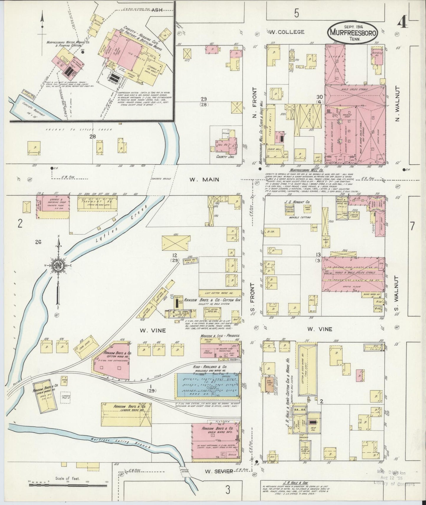 Sanborn Fire Insurance Map from Murfreesboro, Rutherford County, Tennessee (1914), Sheet #0004 - Historic Sanborn Fire Insurance Map Print, vintage old map wall art, antique decor, genealogy gift, Tennessee Tennessee map