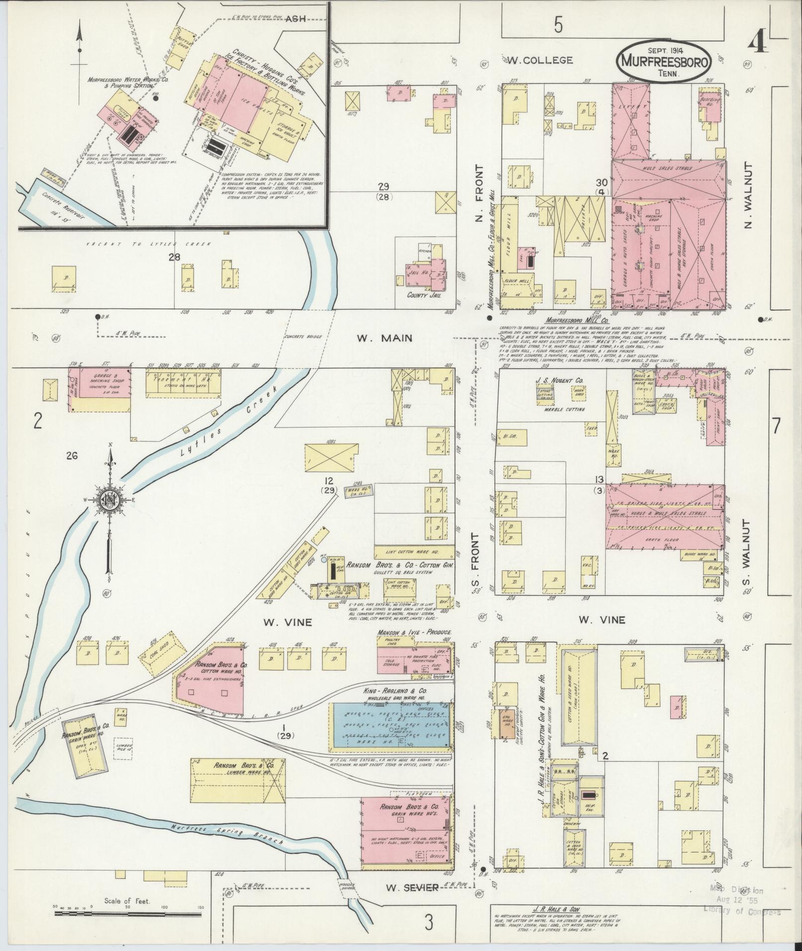 Sanborn Fire Insurance Map from Murfreesboro, Rutherford County, Tennessee (1914), Sheet #0004 - Historic Sanborn Fire Insurance Map Print, vintage old map wall art, antique decor, genealogy gift, Tennessee Tennessee map