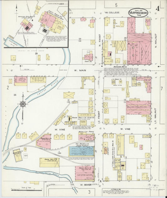 Sanborn Fire Insurance Map from Murfreesboro, Rutherford County, Tennessee (1914), Sheet #0004 - Historic Sanborn Fire Insurance Map Print, vintage old map wall art, antique decor, genealogy gift, Tennessee Tennessee map