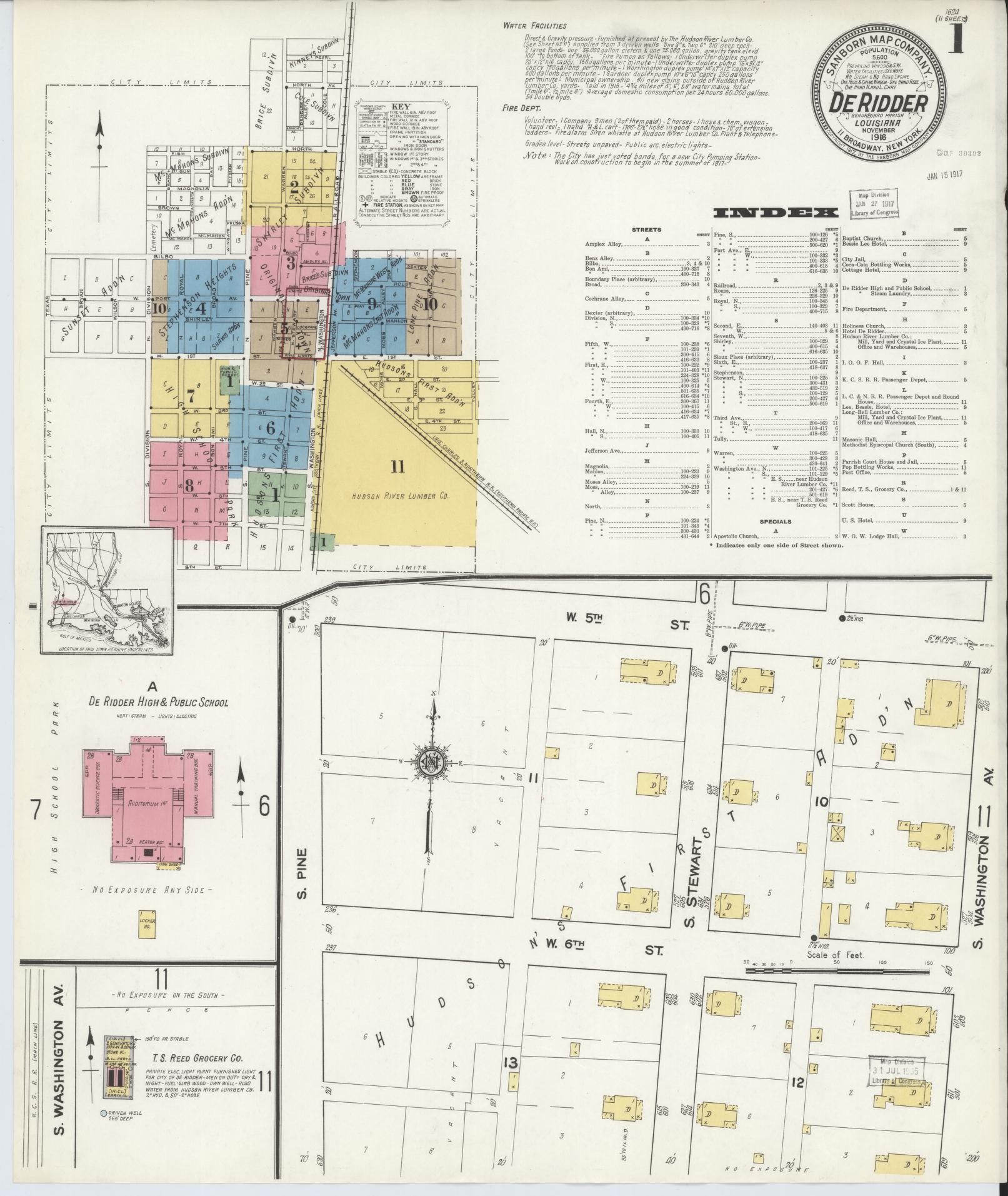 Sanborn Fire Insurance Map from De Ridder, Beauregard Parish, Louisiana (1916), Sheet #0001 - Complete Map Set gallery image, historic Sanborn map, vintage wall art, Louisiana Louisiana