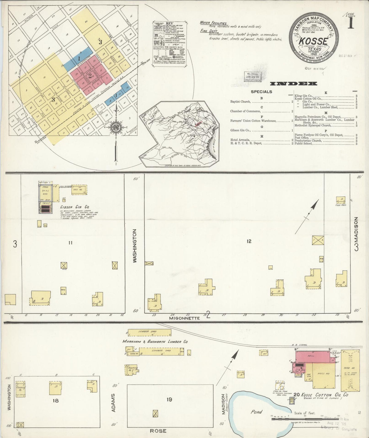 Sanborn Fire Insurance Map from Kosse, Limestone County, Texas (1921), Sheet #0001 - Complete Map Set gallery image, historic Sanborn map, vintage wall art, Texas Texas