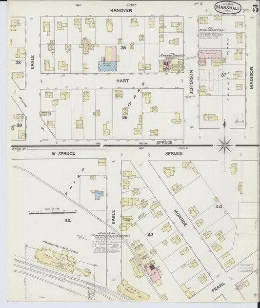 Sanborn Fire Insurance Map from Marshall, Calhoun County, Michigan (1888), Sheet #0005 - Historic Sanborn Fire Insurance Map Print, vintage old map wall art, antique decor, genealogy gift, Michigan Michigan map
