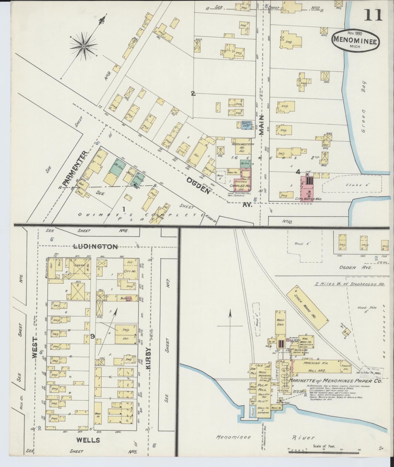 Sanborn Fire Insurance Map from Menominee, Menominee County, Michigan (1890), Sheet #0011 - Complete Map Set gallery image, historic Sanborn map, vintage wall art, Michigan Michigan