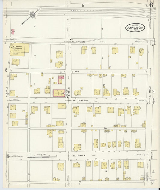 Sanborn Fire Insurance Map from Johnson City, Washington County, Tennessee (1913), Sheet #0006 - Historic Sanborn Fire Insurance Map Print, vintage old map wall art, antique decor, genealogy gift, Tennessee Tennessee map