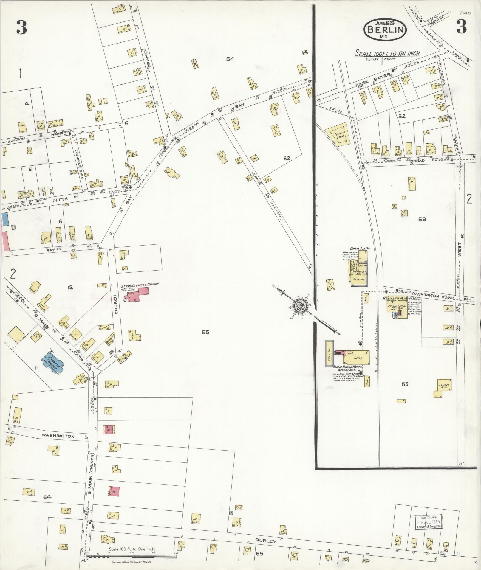 Worcester, Maryland - 1923 - Sanborn Fire Insurance Map, Sheet #0003 - Historic Sanborn Fire Insurance Map Print, Worcester Maryland 1923 0003 vintage old map wall art