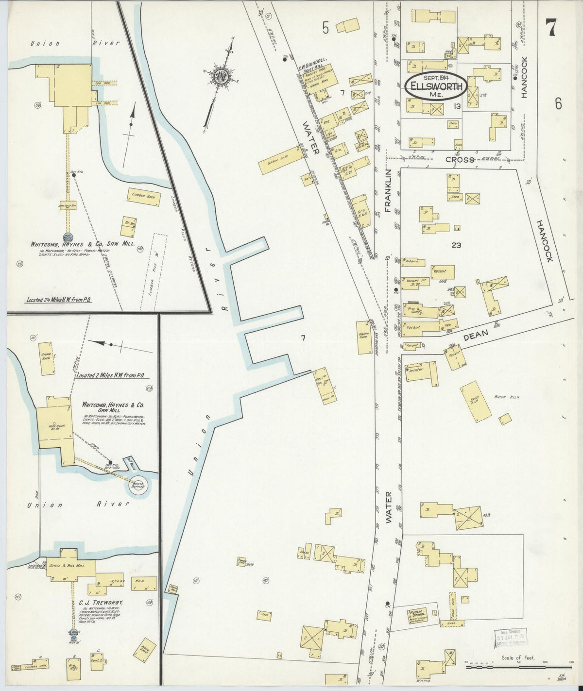 Sanborn Fire Insurance Map from Ellsworth, Hancock County, Maine (1914), Sheet #0007 - Complete Map Set gallery image, historic Sanborn map, vintage wall art, Maine Maine