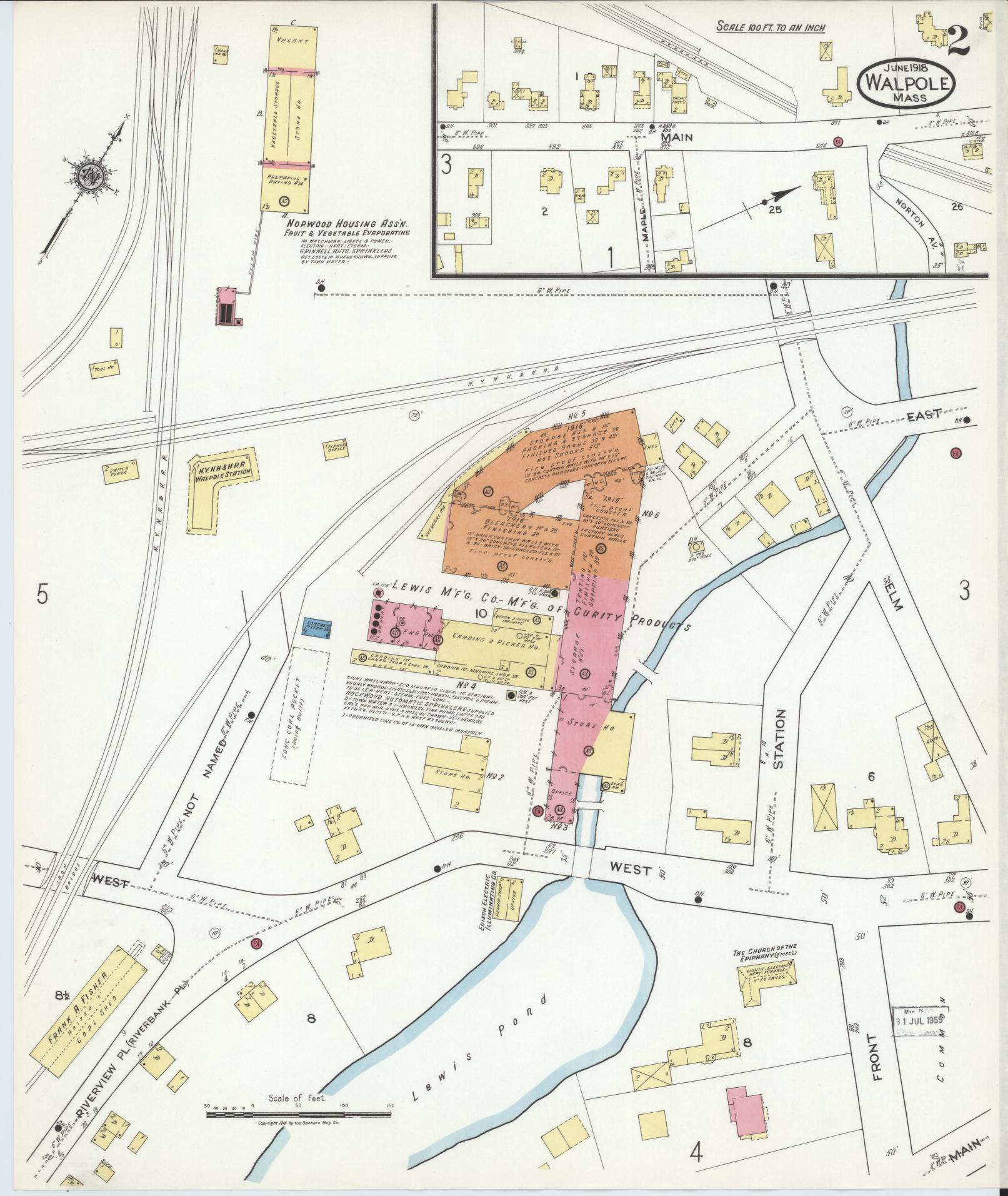 Sanborn Fire Insurance Map from Walpole, Norfolk County, Massachusetts (1918), Sheet #0002 - Complete Map Set gallery image, historic Sanborn map, vintage wall art, Massachusetts Massachusetts