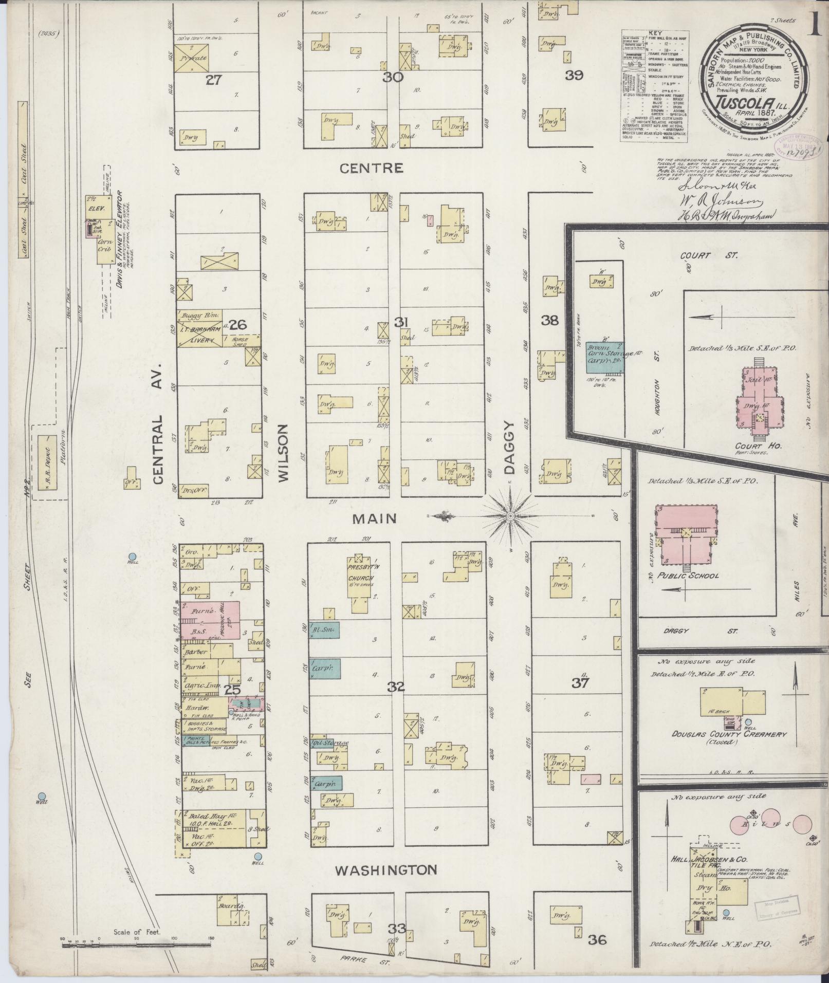 Sanborn Fire Insurance Map from Tuscola, Douglas County, Illinois (1887), Sheet #0001 - Complete Map Set gallery image, historic Sanborn map, vintage wall art, Illinois Illinois