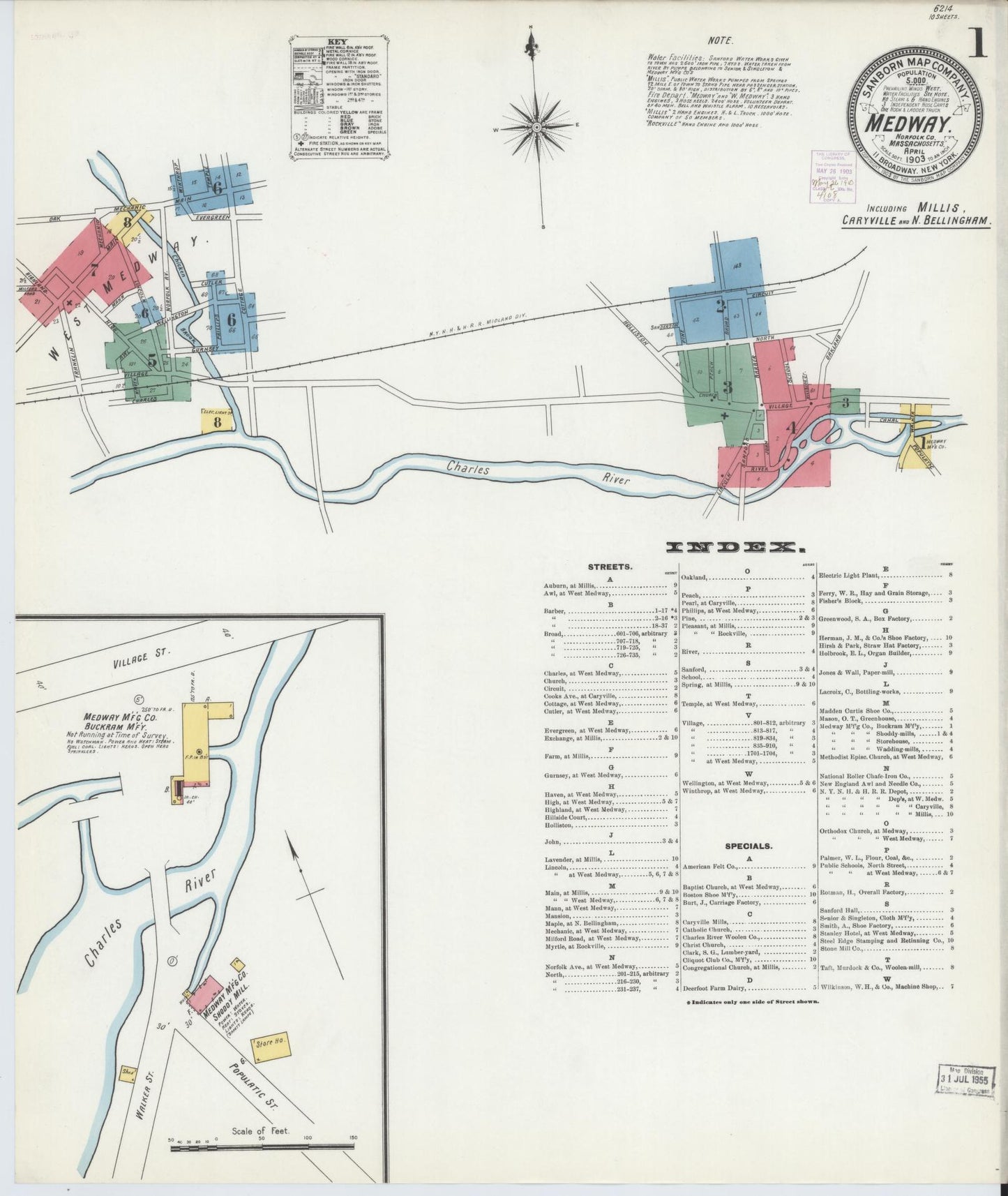 Sanborn Fire Insurance Map from Medway, Norfolk County, Massachusetts (1903), Sheet #0001 - Historic Sanborn Fire Insurance Map Print, vintage old map wall art, antique decor, genealogy gift, Massachusetts Massachusetts map