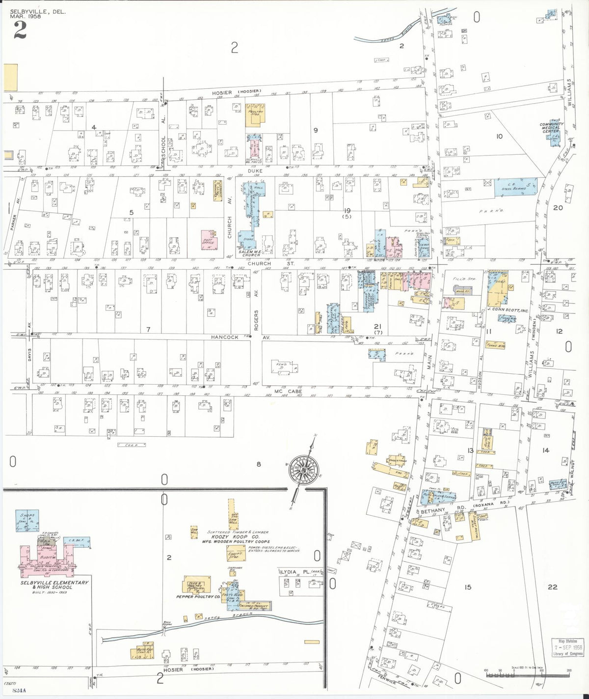 Sanborn Fire Insurance Map from Selbyville, Sussex County, Delaware (1958), Sheet #0002 - Historic Sanborn Fire Insurance Map Print, vintage old map wall art, antique decor, genealogy gift, Delaware Delaware map