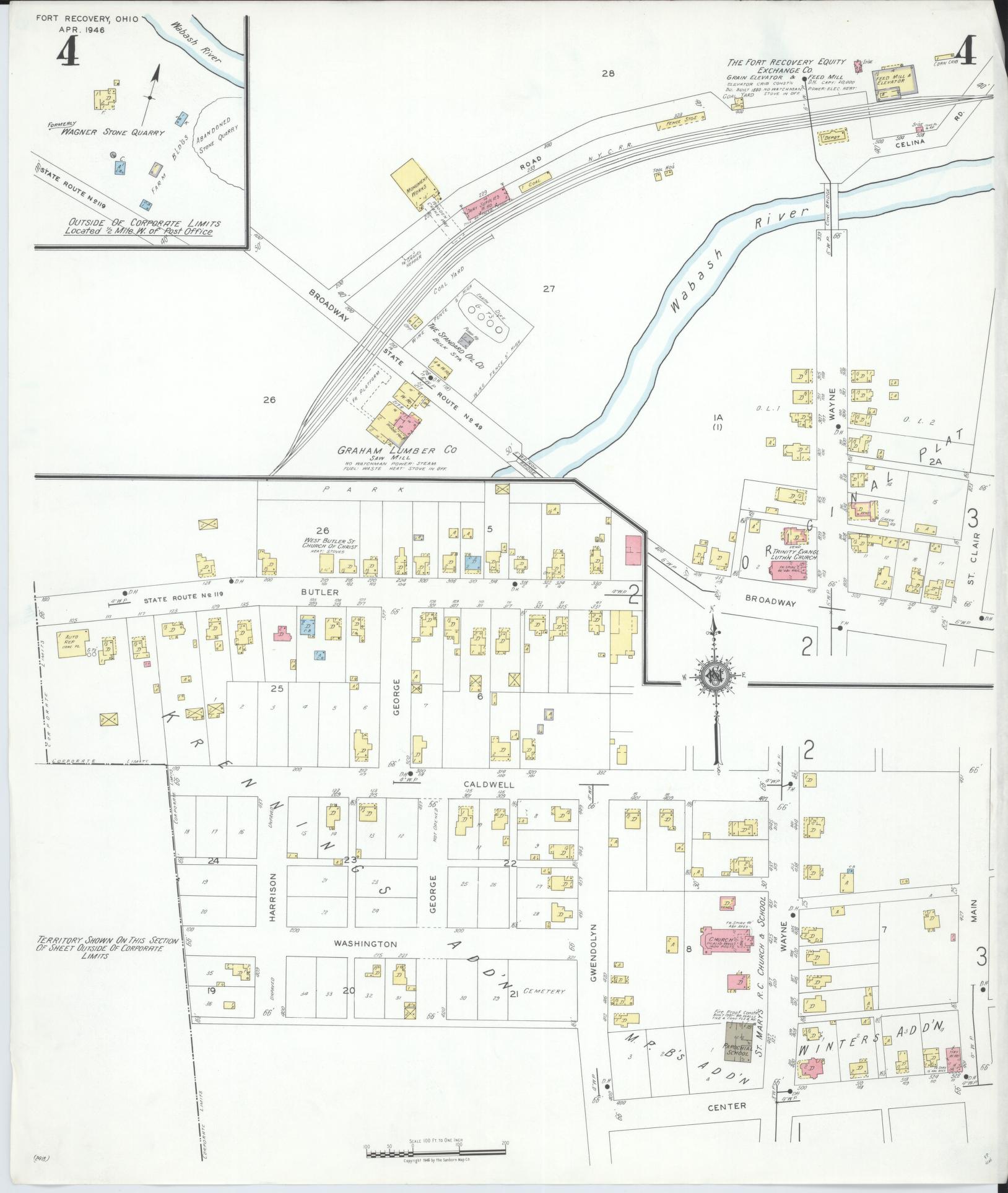 Sanborn Fire Insurance Map from Fort Recovery, Mercer County, Ohio (1946), Sheet #0004 - Historic Sanborn Fire Insurance Map Print, vintage old map wall art, antique decor, genealogy gift, Ohio Ohio map