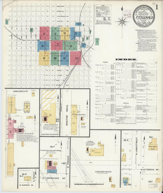 Sanborn Fire Insurance Map from Fitzgerald, Ben Hill County, Georgia (1908), Sheet #0001 - Historic Sanborn Fire Insurance Map Print, vintage old map wall art, antique decor, genealogy gift, Georgia Georgia map