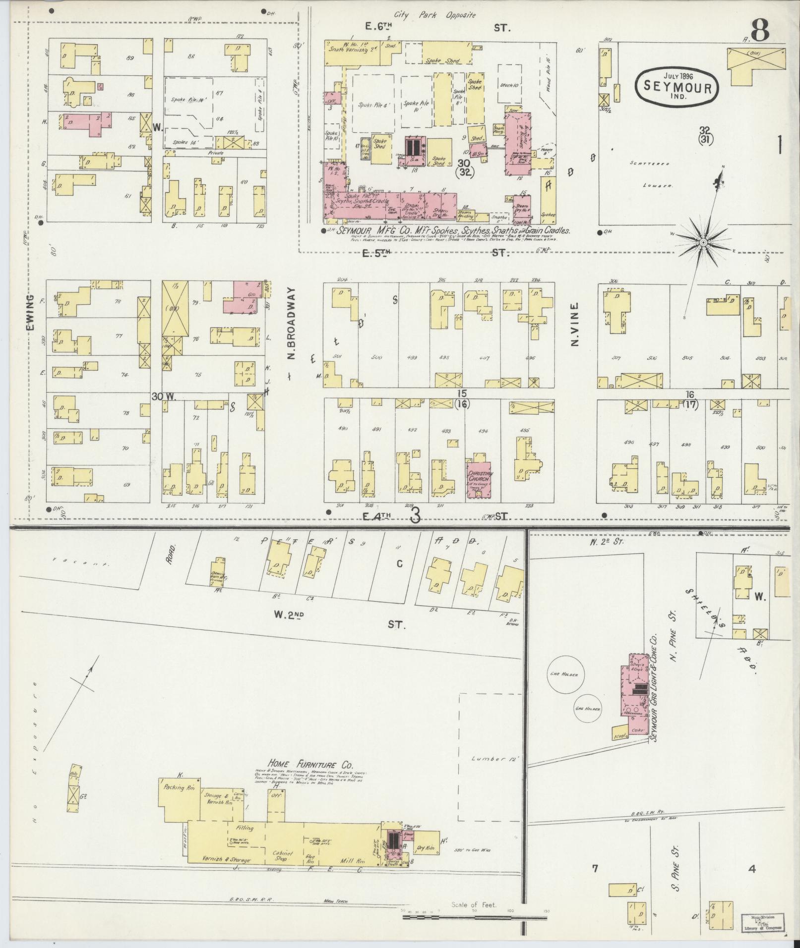 Sanborn Fire Insurance Map from Seymour, Jackson County, Indiana (1896), Sheet #0008 - Complete Map Set gallery image, historic Sanborn map, vintage wall art, Indiana Indiana