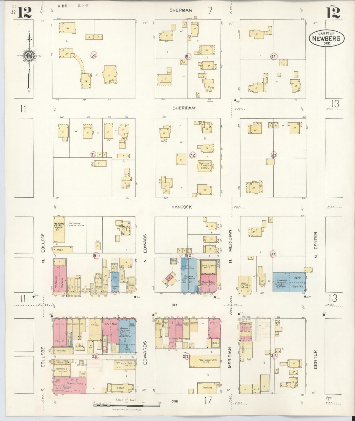 Sanborn Fire Insurance Map from Newberg, Yamhill County, Oregon (1934), Sheet #0012 - Historic Sanborn Fire Insurance Map Print, vintage old map wall art, antique decor, genealogy gift, Oregon Oregon map