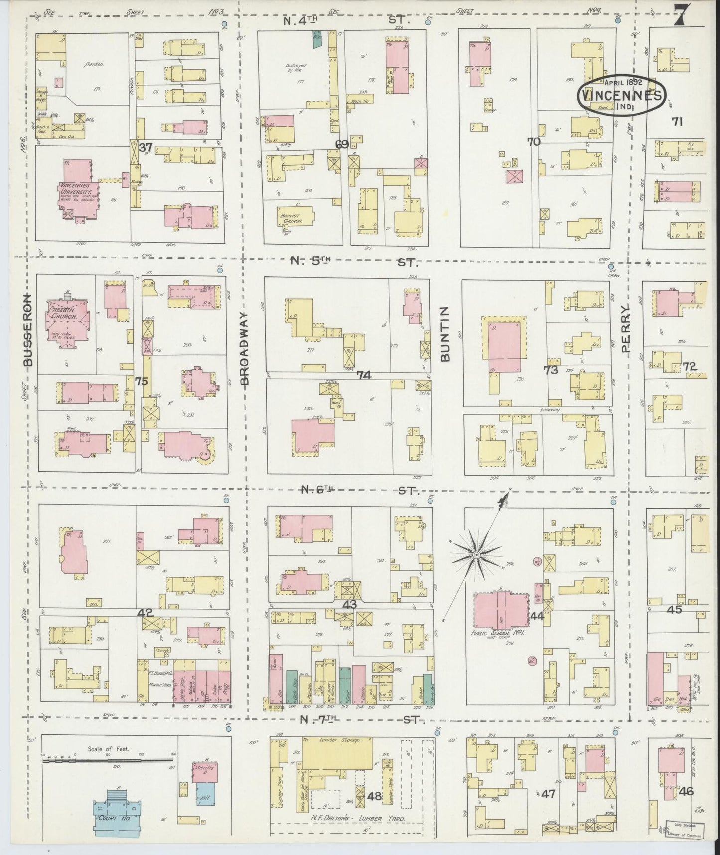 Sanborn Fire Insurance Map from Vincennes, Knox County, Indiana (1892), Sheet #0007 - Historic Sanborn Fire Insurance Map Print, vintage old map wall art, antique decor, genealogy gift, Indiana Indiana map