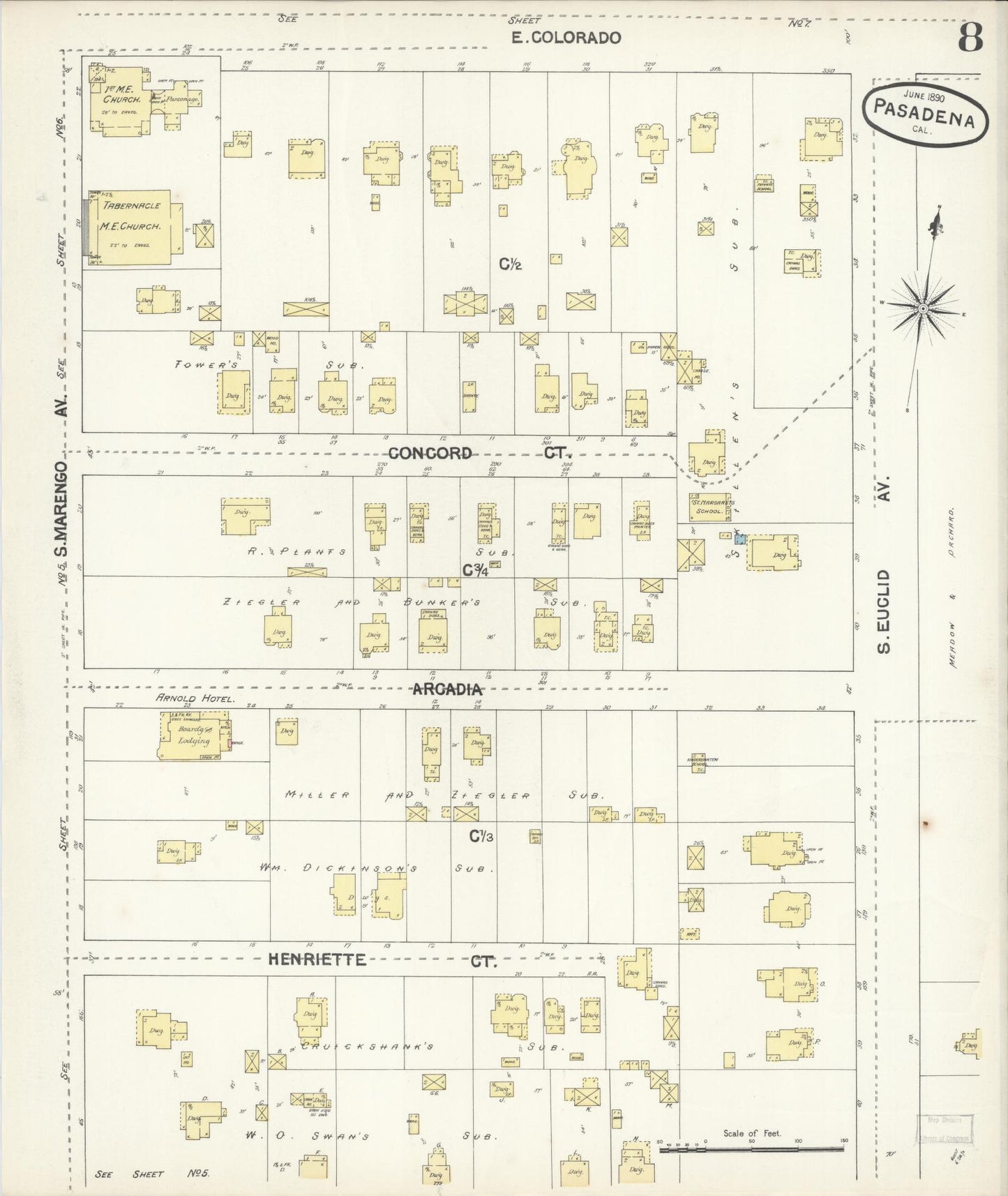Sanborn Fire Insurance Map from Pasadena, Los Angeles County, California (1890), Sheet #0008 - Complete Map Set gallery image, historic Sanborn map, vintage wall art, California California