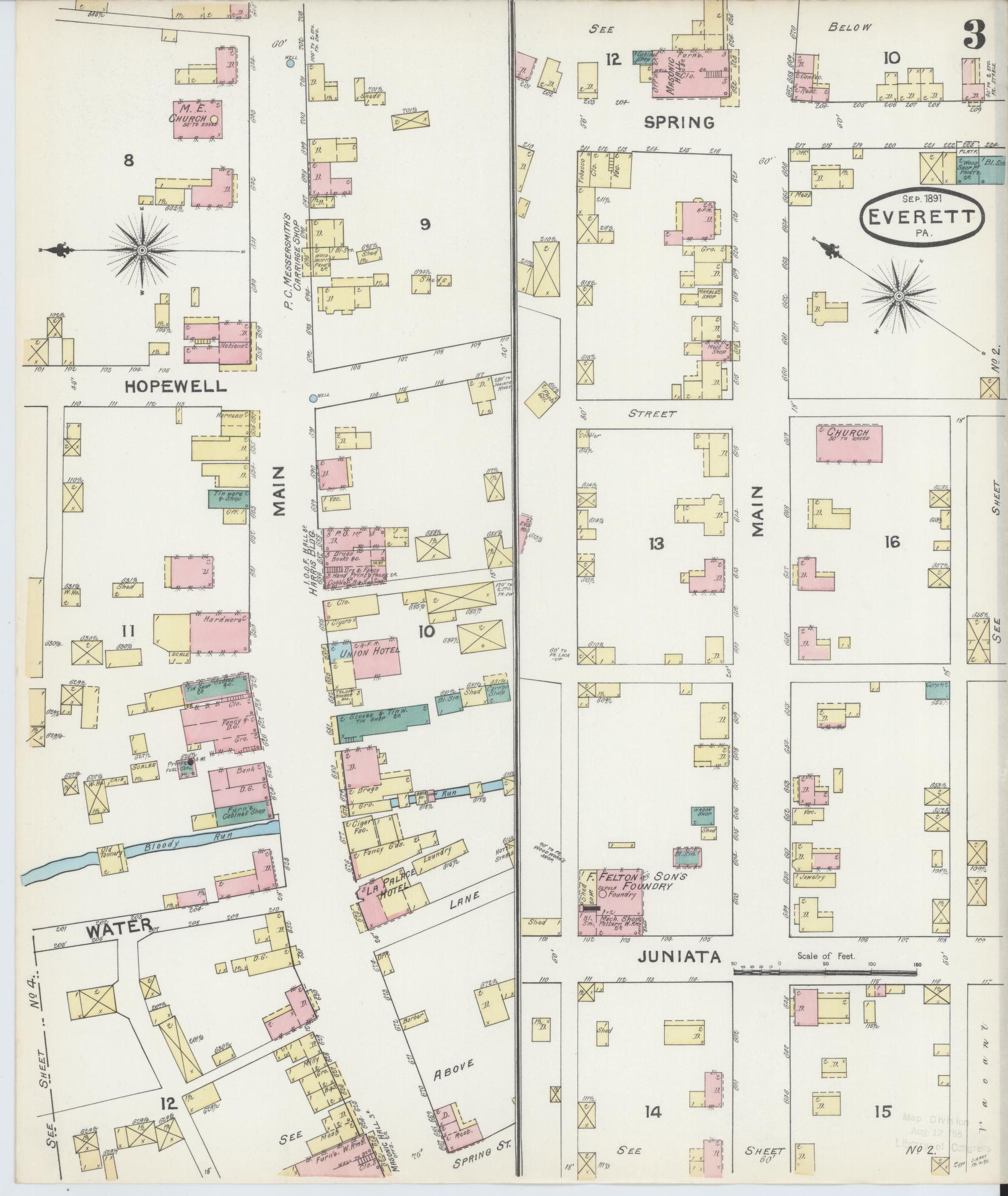 Sanborn Fire Insurance Map from Everett, Bedford County, Pennsylvania (1891), Sheet #0003 - Historic Sanborn Fire Insurance Map Print, vintage old map wall art, antique decor, genealogy gift, Pennsylvania Pennsylvania map
