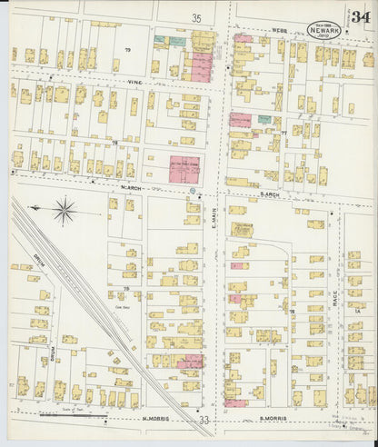 Sanborn Fire Insurance Map from Newark, Licking County, Ohio (1905), Sheet #0034 - Historic Sanborn Fire Insurance Map Print, vintage old map wall art, antique decor, genealogy gift, Ohio Ohio map