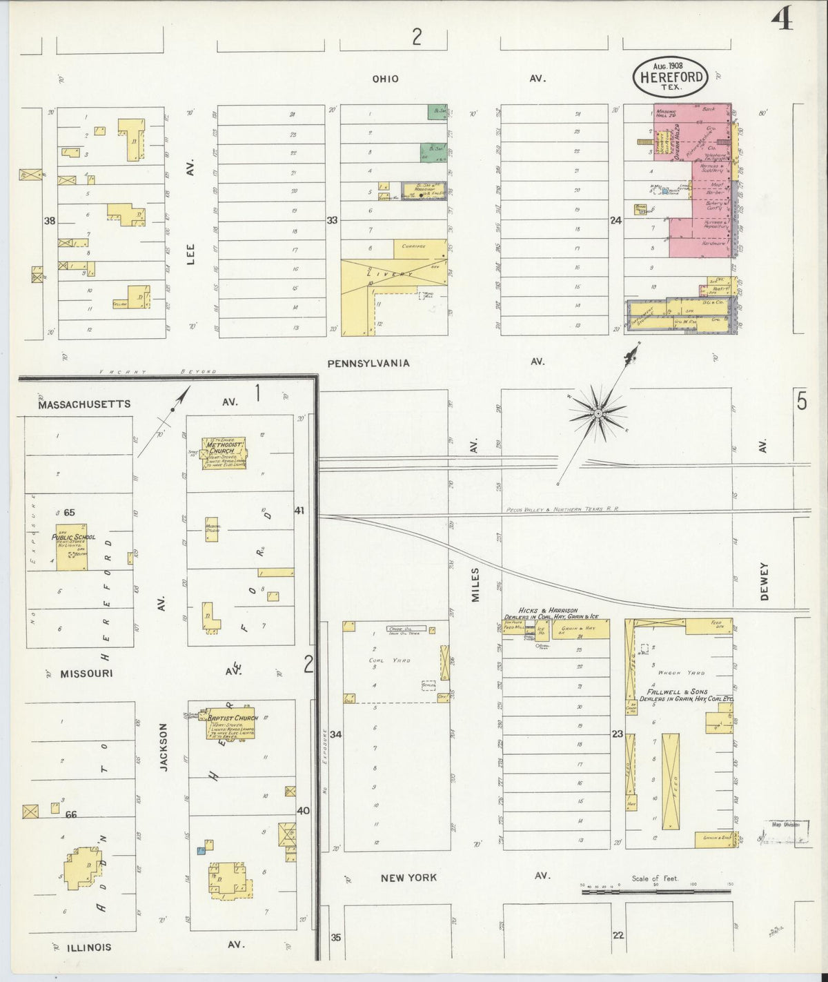 Sanborn Fire Insurance Map from Hereford, Deaf Smith County, Texas (1908), Sheet #0004 - Historic Sanborn Fire Insurance Map Print, vintage old map wall art, antique decor, genealogy gift, Texas Texas map