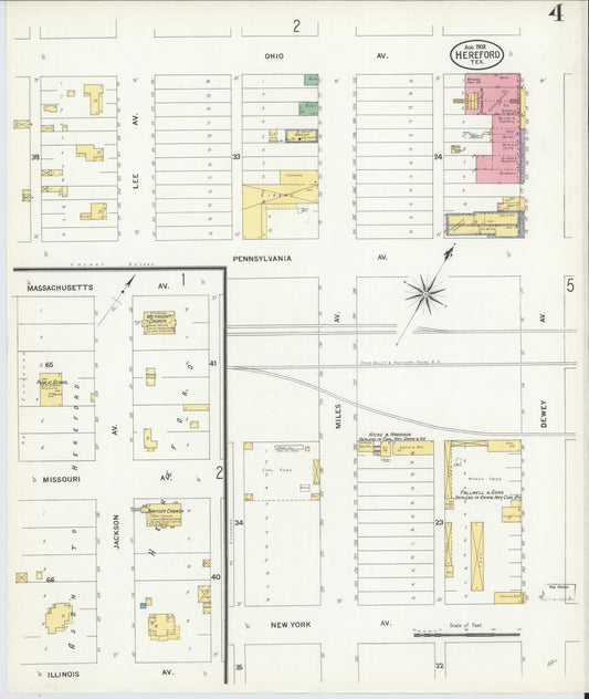 Sanborn Fire Insurance Map from Hereford, Deaf Smith County, Texas (1908), Sheet #0004 - Historic Sanborn Fire Insurance Map Print, vintage old map wall art, antique decor, genealogy gift, Texas Texas map