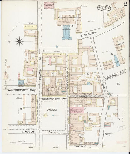Sanborn Fire Insurance Map from Santa Fe, Santa Fe County, New Mexico (1886), Sheet #0002 - Complete Map Set gallery image, historic Sanborn map, vintage wall art, New Mexico New Mexico