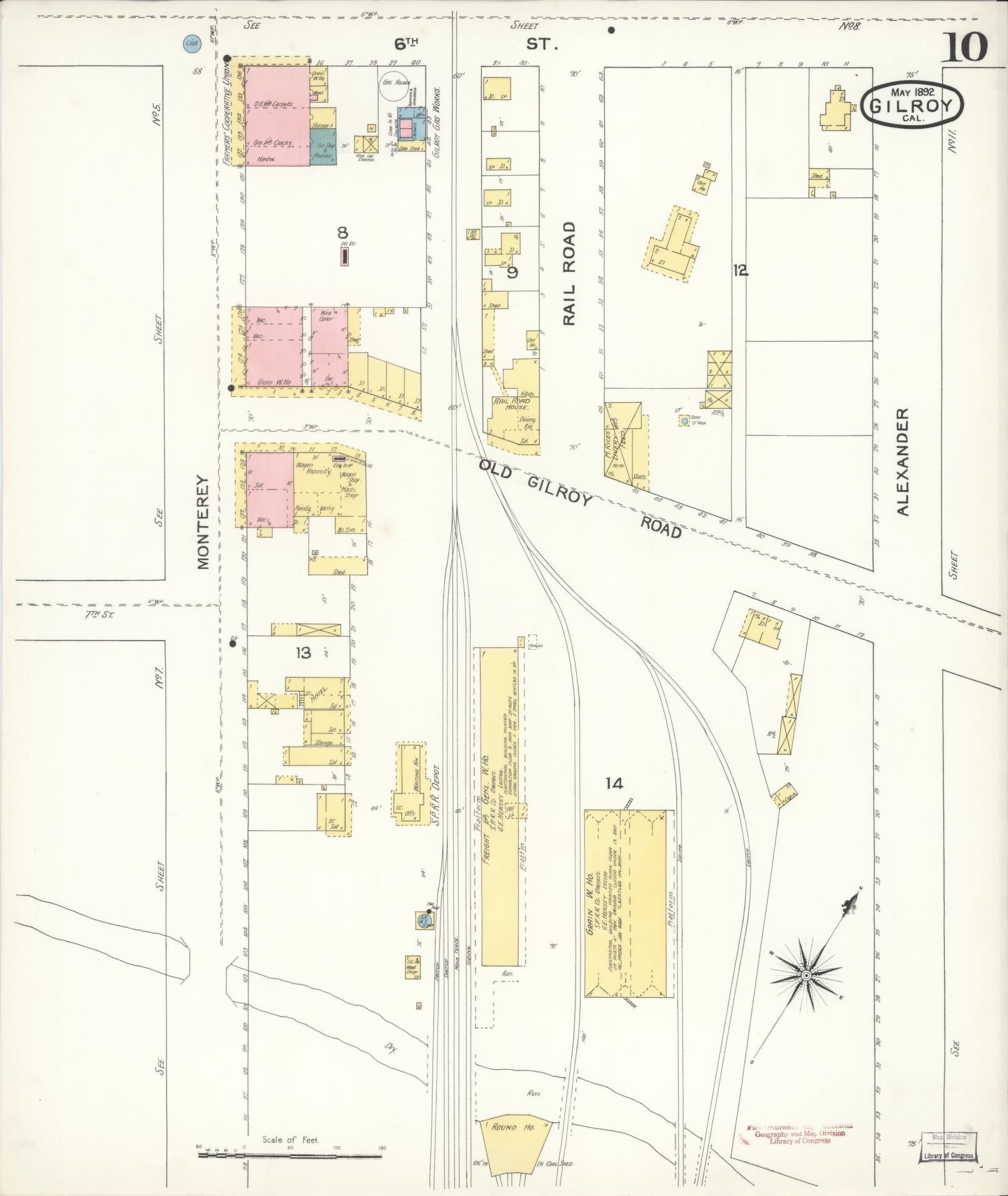 Sanborn Fire Insurance Map from Gilroy, Santa Clara County, California (1892), Sheet #0010 - Historic Sanborn Fire Insurance Map Print, vintage old map wall art, antique decor, genealogy gift, California California map