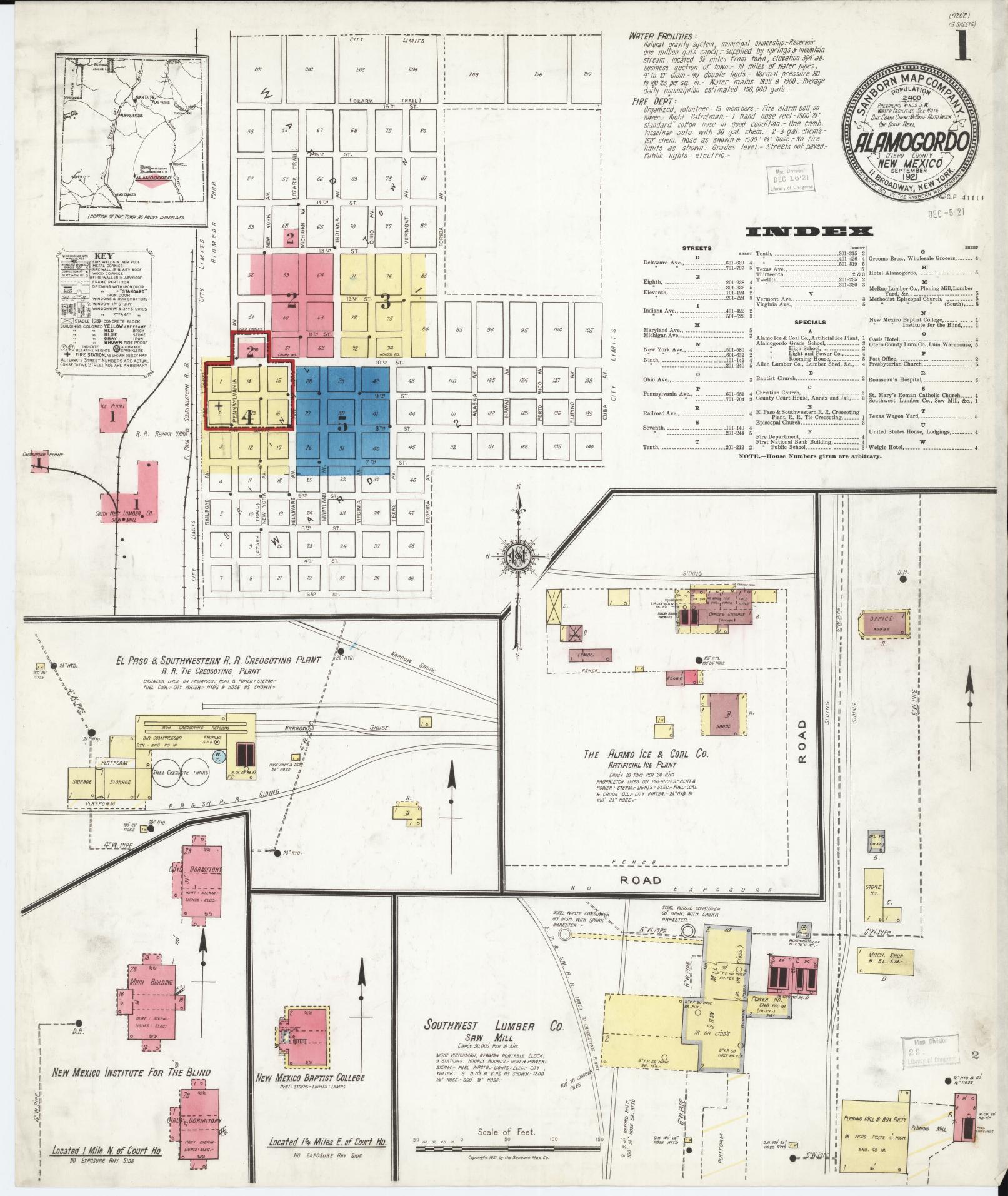Sanborn Fire Insurance Map from Alamogordo, Otero County, New Mexico (1921), Sheet #0001 - Complete Map Set gallery image, historic Sanborn map, vintage wall art, New Mexico New Mexico