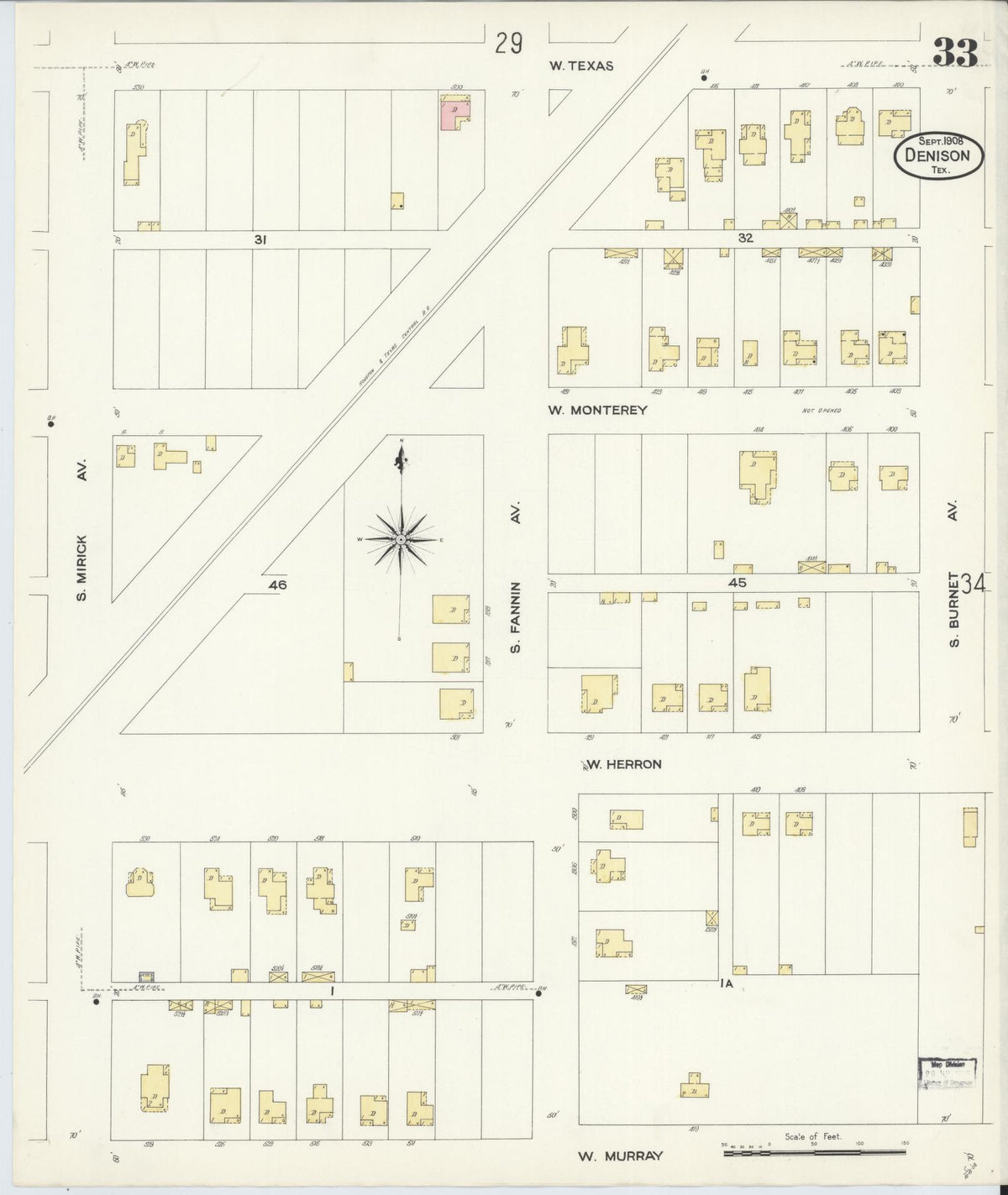 Sanborn Fire Insurance Map from Denison, Grayson County, Texas (1908), Sheet #0033 - Complete Map Set gallery image, historic Sanborn map, vintage wall art, Texas Texas