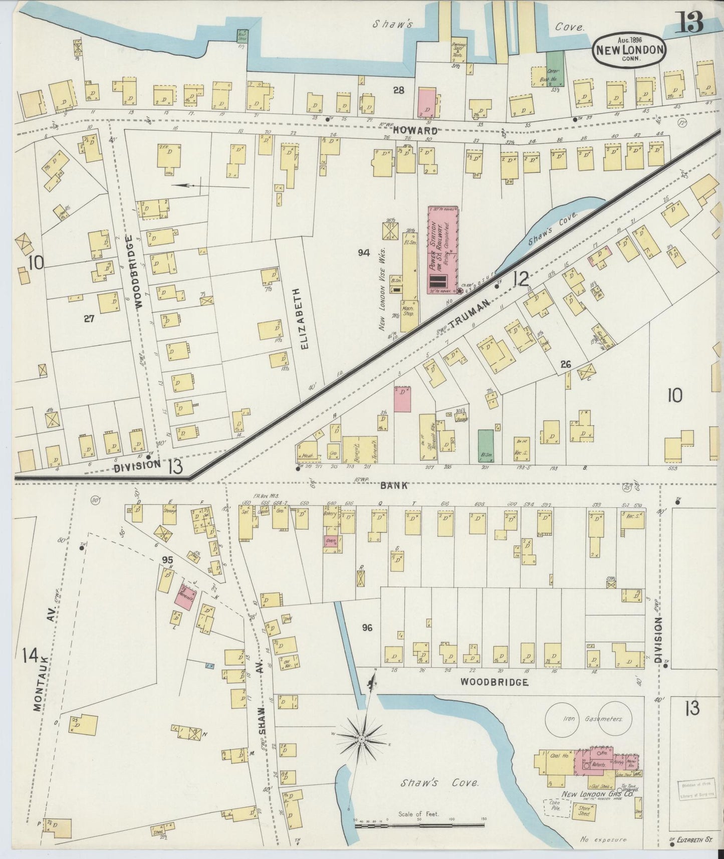 Sanborn Fire Insurance Map from New London, New London County, Connecticut (1896), Sheet #0013 - Complete Map Set gallery image, historic Sanborn map, vintage wall art, Connecticut Connecticut