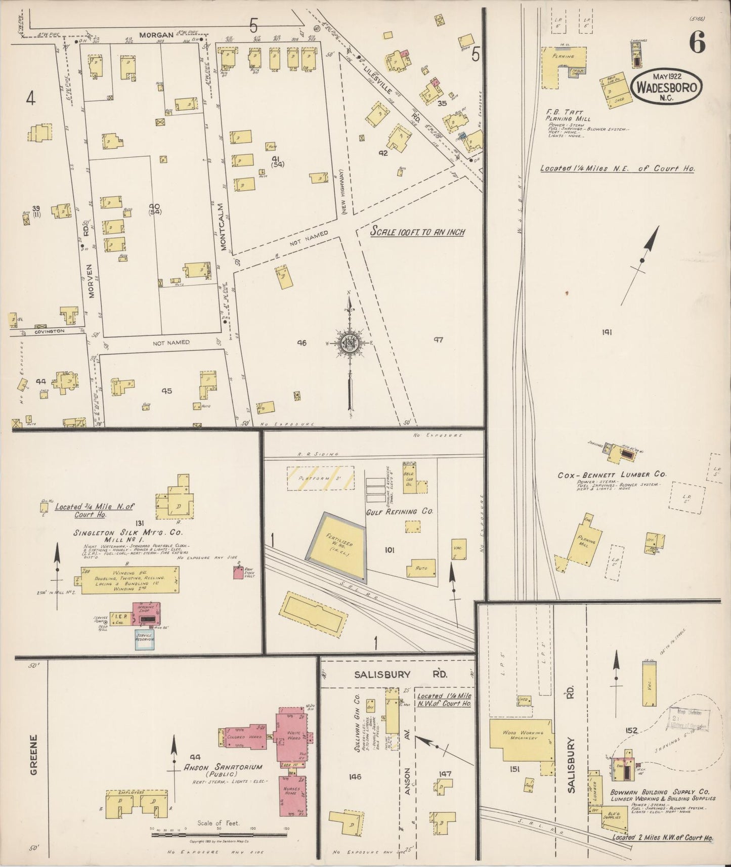 Sanborn Fire Insurance Map from Wadesboro, Anson County, North Carolina (1922), Sheet #0006 - Historic Sanborn Fire Insurance Map Print, vintage old map wall art, antique decor, genealogy gift, North Carolina North Carolina map