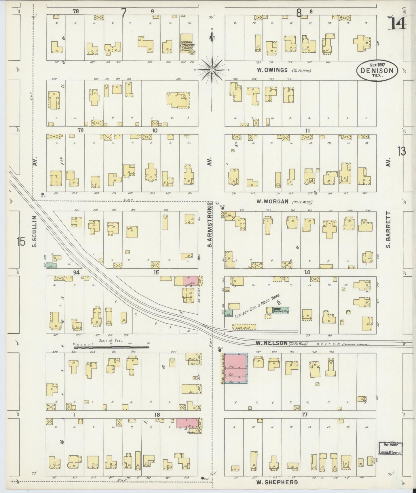 Sanborn Fire Insurance Map from Denison, Grayson County, Texas (1897), Sheet #0014 - Historic Sanborn Fire Insurance Map Print, vintage old map wall art, antique decor, genealogy gift, Texas Texas map