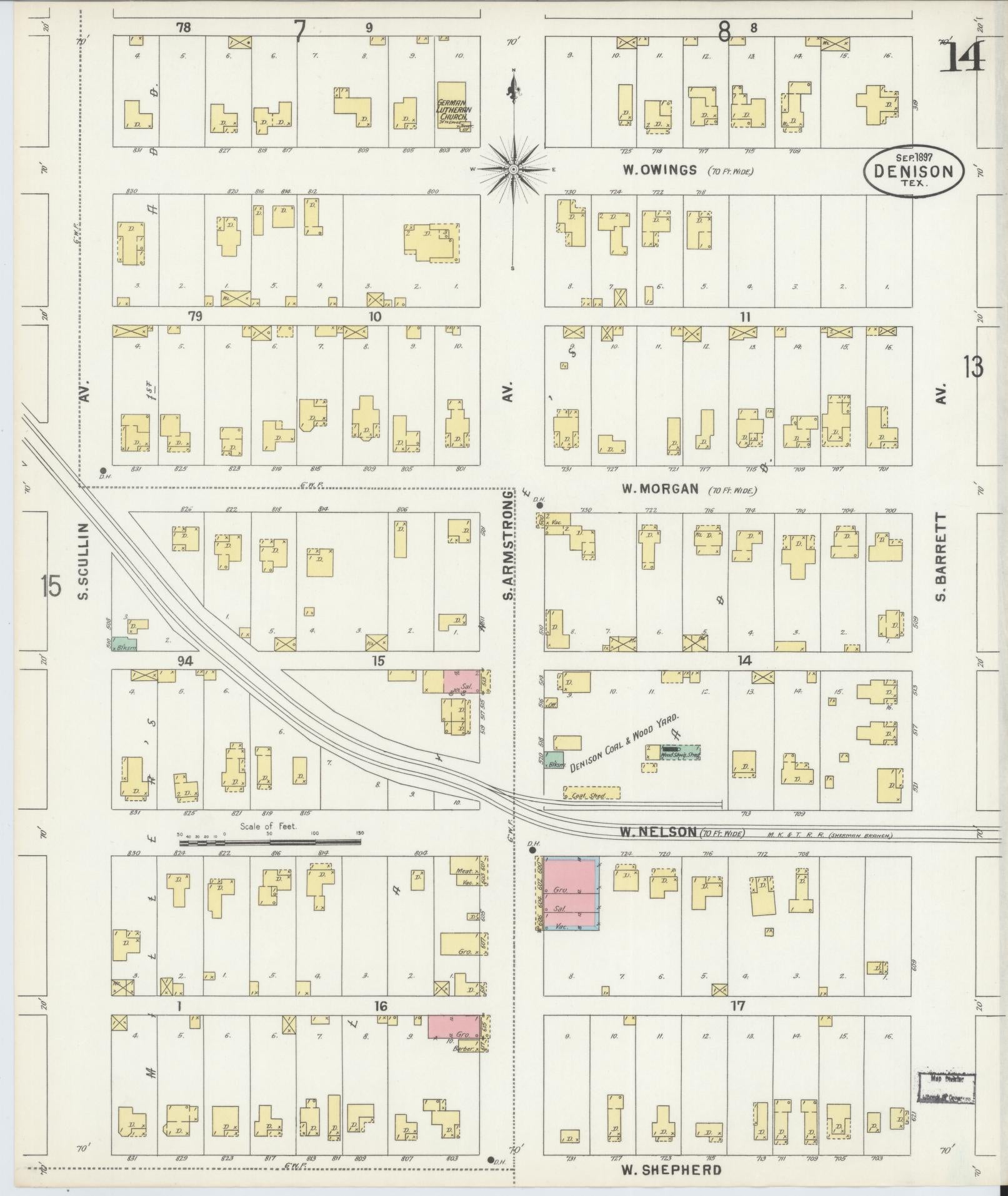 Sanborn Fire Insurance Map from Denison, Grayson County, Texas (1897), Sheet #0014 - Historic Sanborn Fire Insurance Map Print, vintage old map wall art, antique decor, genealogy gift, Texas Texas map
