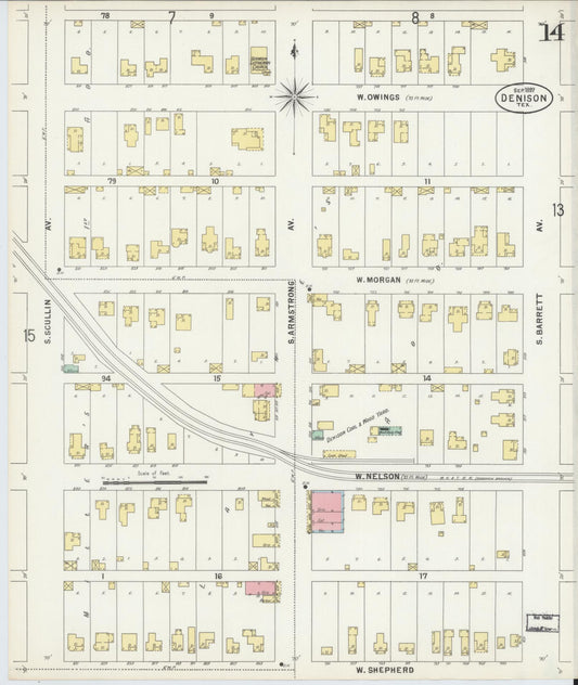 Sanborn Fire Insurance Map from Denison, Grayson County, Texas (1897), Sheet #0014 - Historic Sanborn Fire Insurance Map Print, vintage old map wall art, antique decor, genealogy gift, Texas Texas map