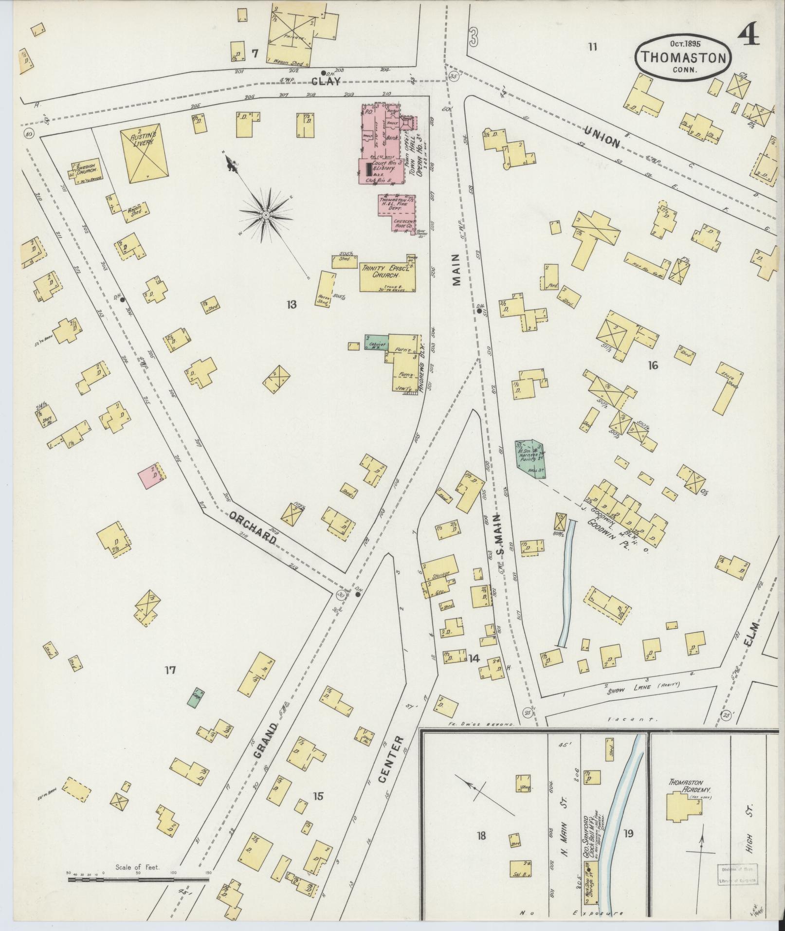 Sanborn Fire Insurance Map from Thomaston, Litchfield County, Connecticut (1895), Sheet #0004 - Historic Sanborn Fire Insurance Map Print, vintage old map wall art, antique decor, genealogy gift, Connecticut Connecticut map