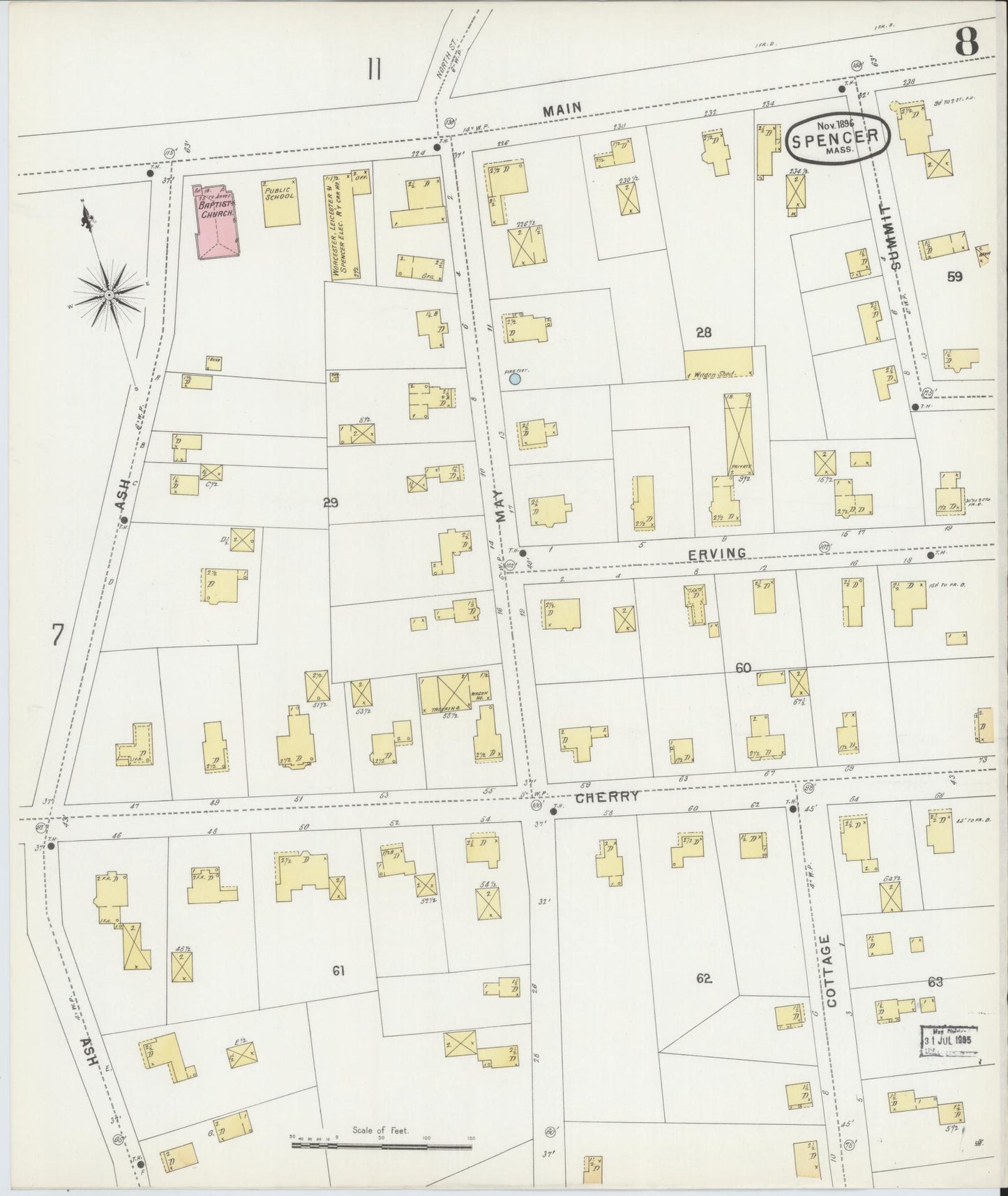 Sanborn Fire Insurance Map from Spencer, Worcester County, Massachusetts (1896), Sheet #0008 - Complete Map Set gallery image, historic Sanborn map, vintage wall art, Massachusetts Massachusetts