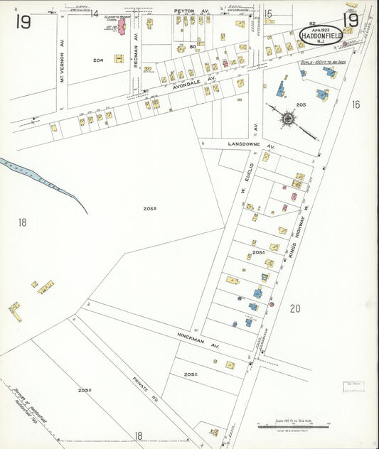 Sanborn Fire Insurance Map from Haddonfield, Camden County, New Jersey (1923), Sheet #0019 - Historic Sanborn Fire Insurance Map Print, vintage old map wall art, antique decor, genealogy gift, New Jersey New Jersey map