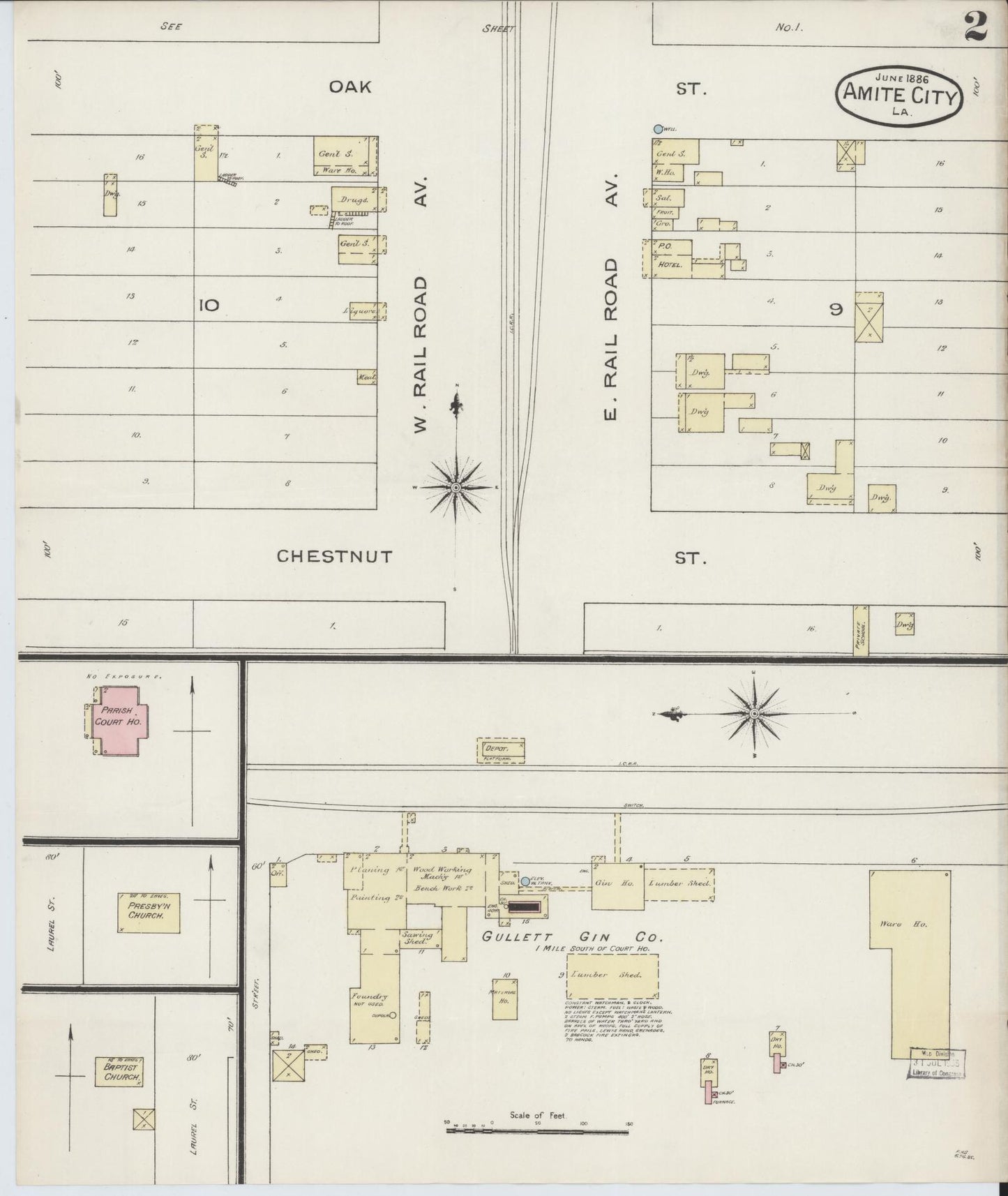 Sanborn Fire Insurance Map from Amite, Tangipahoa Parish, Louisiana (1886), Sheet #0002 - Complete Map Set gallery image, historic Sanborn map, vintage wall art, Louisiana Louisiana