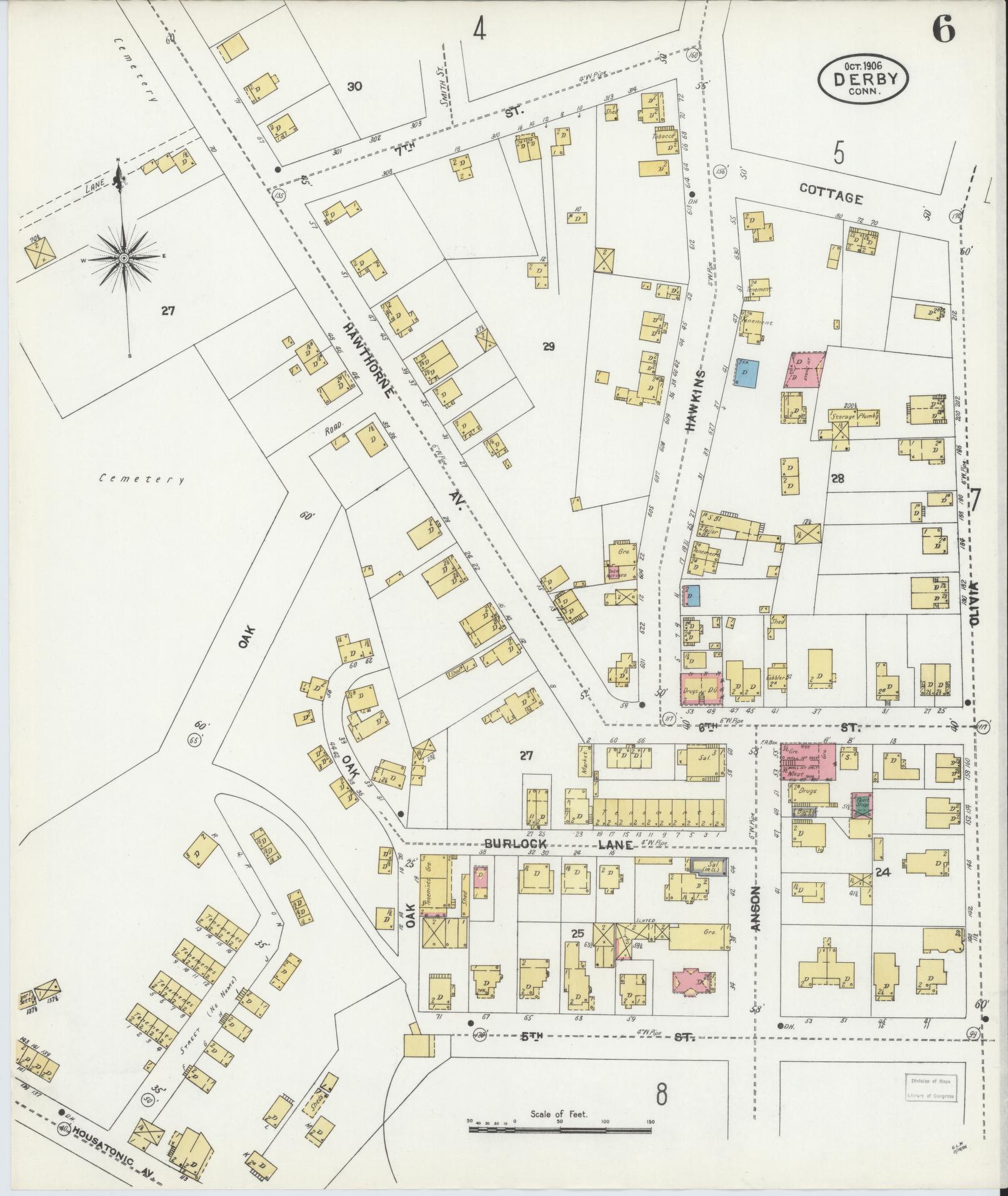 Sanborn Fire Insurance Map from Derby, New Haven County, Connecticut (1906), Sheet #0006 - Historic Sanborn Fire Insurance Map Print, vintage old map wall art, antique decor, genealogy gift, Connecticut Connecticut map