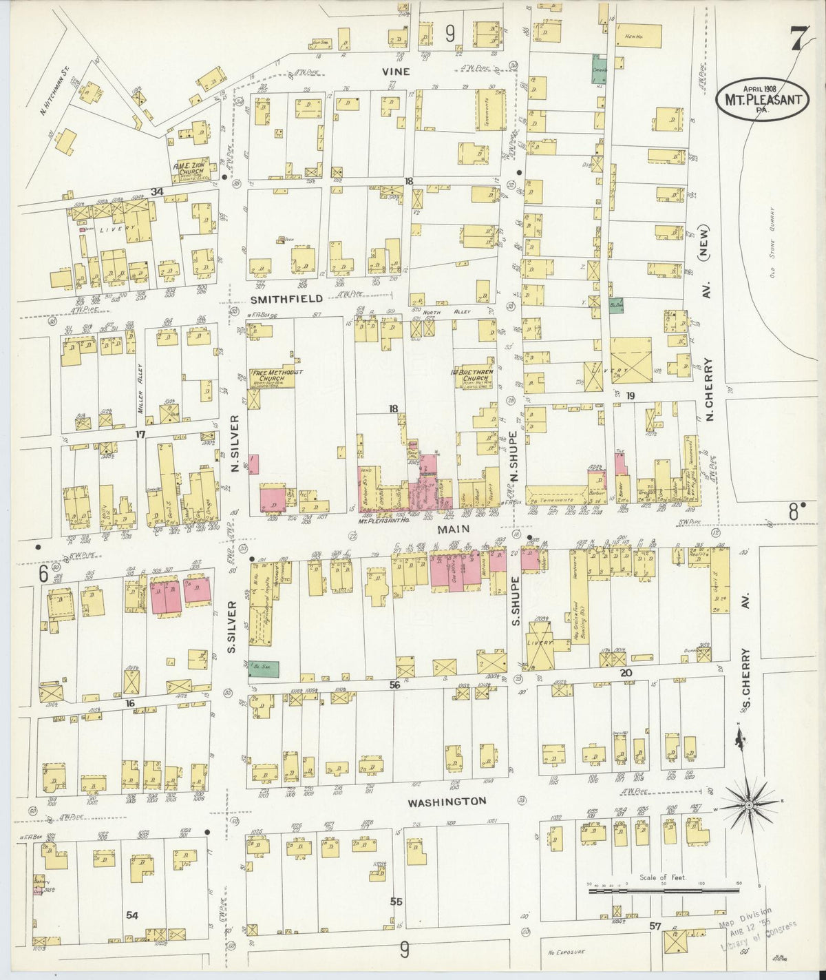 Sanborn Fire Insurance Map from Mount Pleasant, Westmoreland County, Pennsylvania (1908), Sheet #0007 - Historic Sanborn Fire Insurance Map Print, vintage old map wall art, antique decor, genealogy gift, Pennsylvania Pennsylvania map