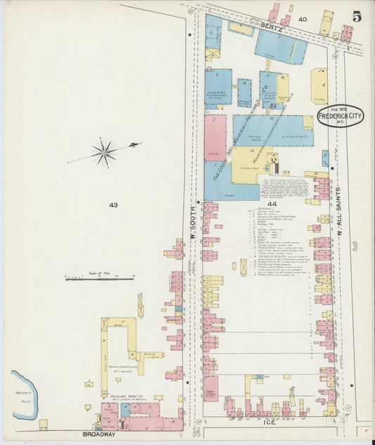 Frederick, Maryland - 1892 - Sanborn Fire Insurance Map, Sheet #0005 - Historic Sanborn Fire Insurance Map Print, Frederick Maryland 1892 0005 vintage old map wall art