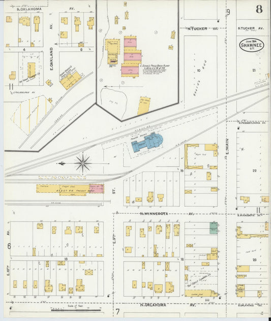 Sanborn Fire Insurance Map from Shawnee, Pottawatomie County, Oklahoma (1904), Sheet #0008 - Historic Sanborn Fire Insurance Map Print, vintage old map wall art, antique decor, genealogy gift, Oklahoma Oklahoma map