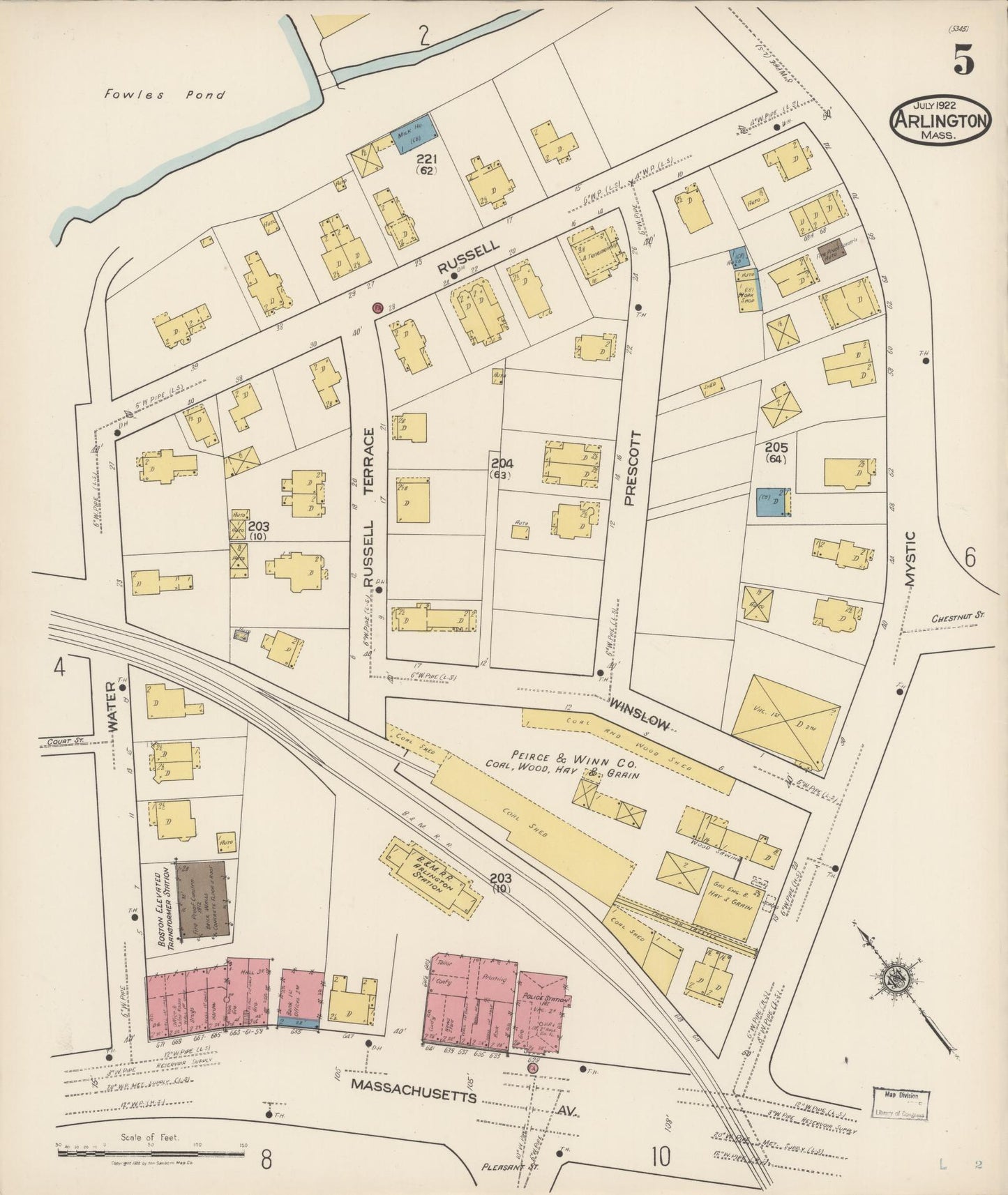 Sanborn Fire Insurance Map from Arlington, Middlesex County, Massachusetts (1922), Sheet #0005 - Historic Sanborn Fire Insurance Map Print, vintage old map wall art, antique decor, genealogy gift, Massachusetts Massachusetts map